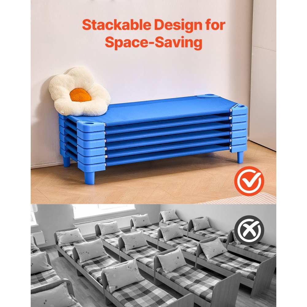 VEVOR Lettino Impilabile per Bambini, Confezione da 6, Lettini Portatili per Bambini, Dimensioni Standard 132 x 58 cm Letti per Asilo Nido per Bambini, Aula Prescolare, per Dormire, Riposare, Blu