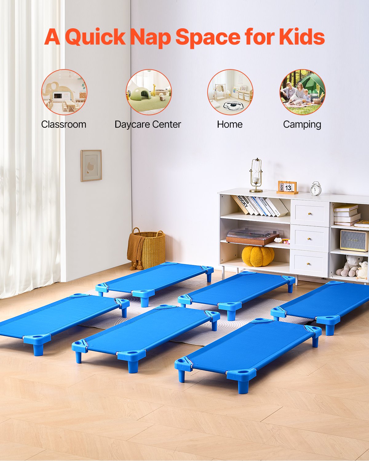 VEVOR Stackable Children's Bed, 6-Pack Portable Toddler Sleeping Beds, Standard Size 130 x 57 x 15 cm, Daycare Beds, Preschool Classroom Beds for Sleeping, Resting, and Naps, Blue