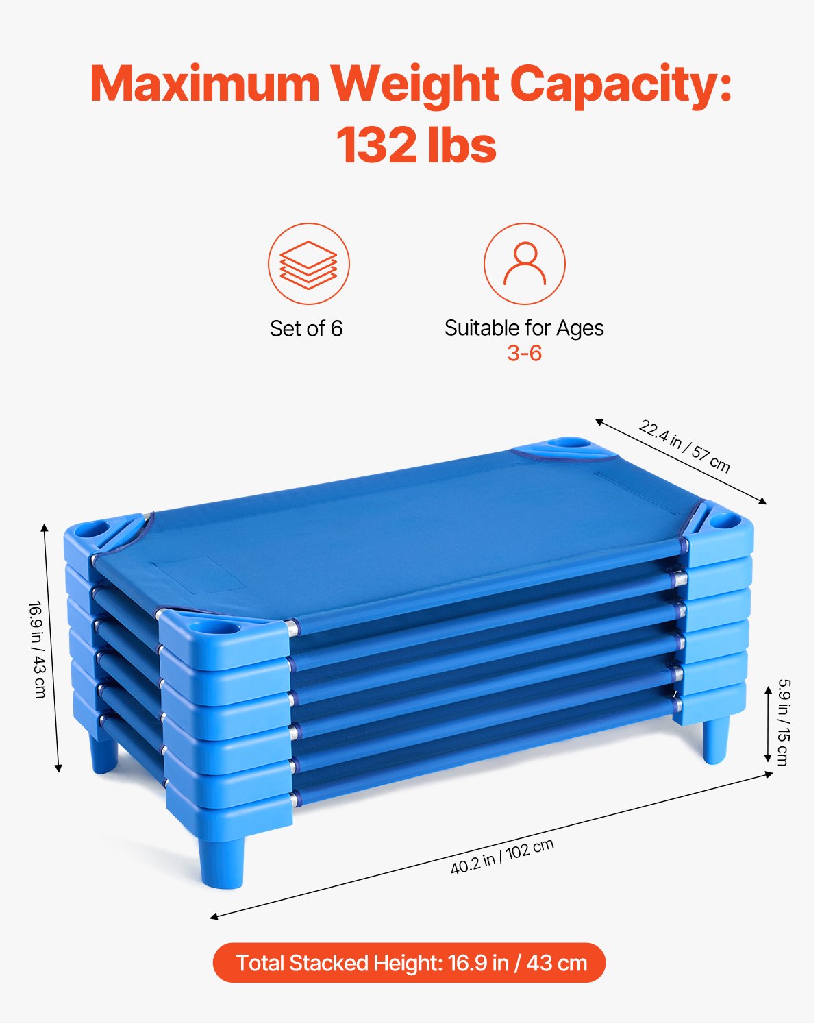 VEVOR Lettino Impilabile per Bambini 102 x 57 cm Lettini Portatili per Pisolino dei Più Piccoli, 6 Pezzi, Dimensioni Standard, Lettini per Asili Nido per Bambini, Letti per Asili Nido per Dormire, Blu