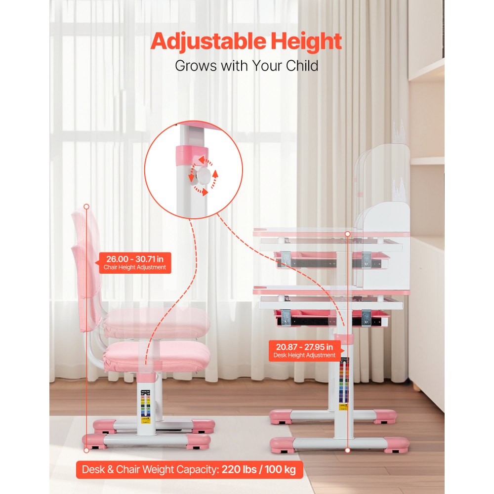 VEVOR Set Scrivania e Sedia per Bambini, Capacità di Carico di 100 kg Tavolo da Lavoro e Sedia per Bambini con Libreria e Cassetto, Regolabile in Altezza, per Camera da Letto e Studio, Rosa