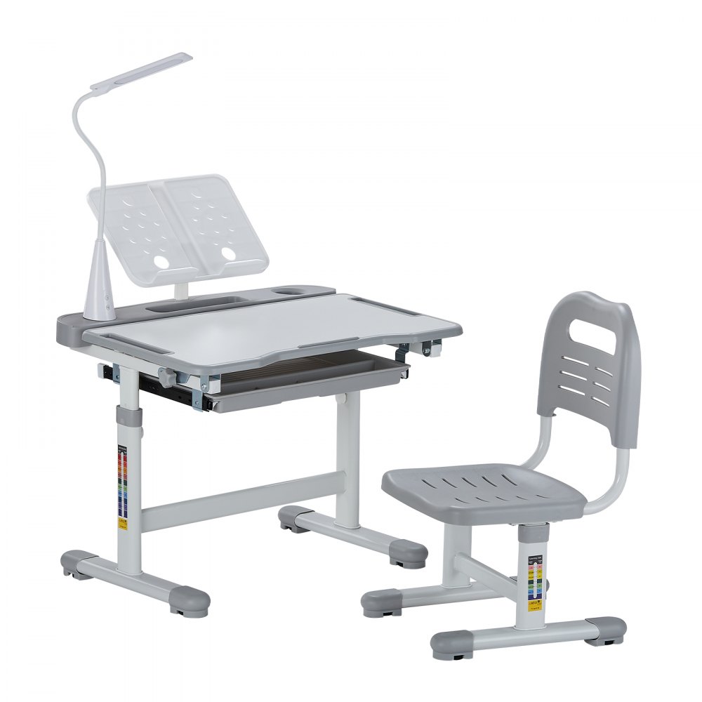 VEVOR Set Scrivania e Sedia da Lavoro per Bambini, Tavolo da Lavoro e Sedia per Bambini con Lampada da Tavolo, Piano Scrivania Inclinato 0 a 40° Altezza Regolabile, per Camera da Letto Studio, Grigio