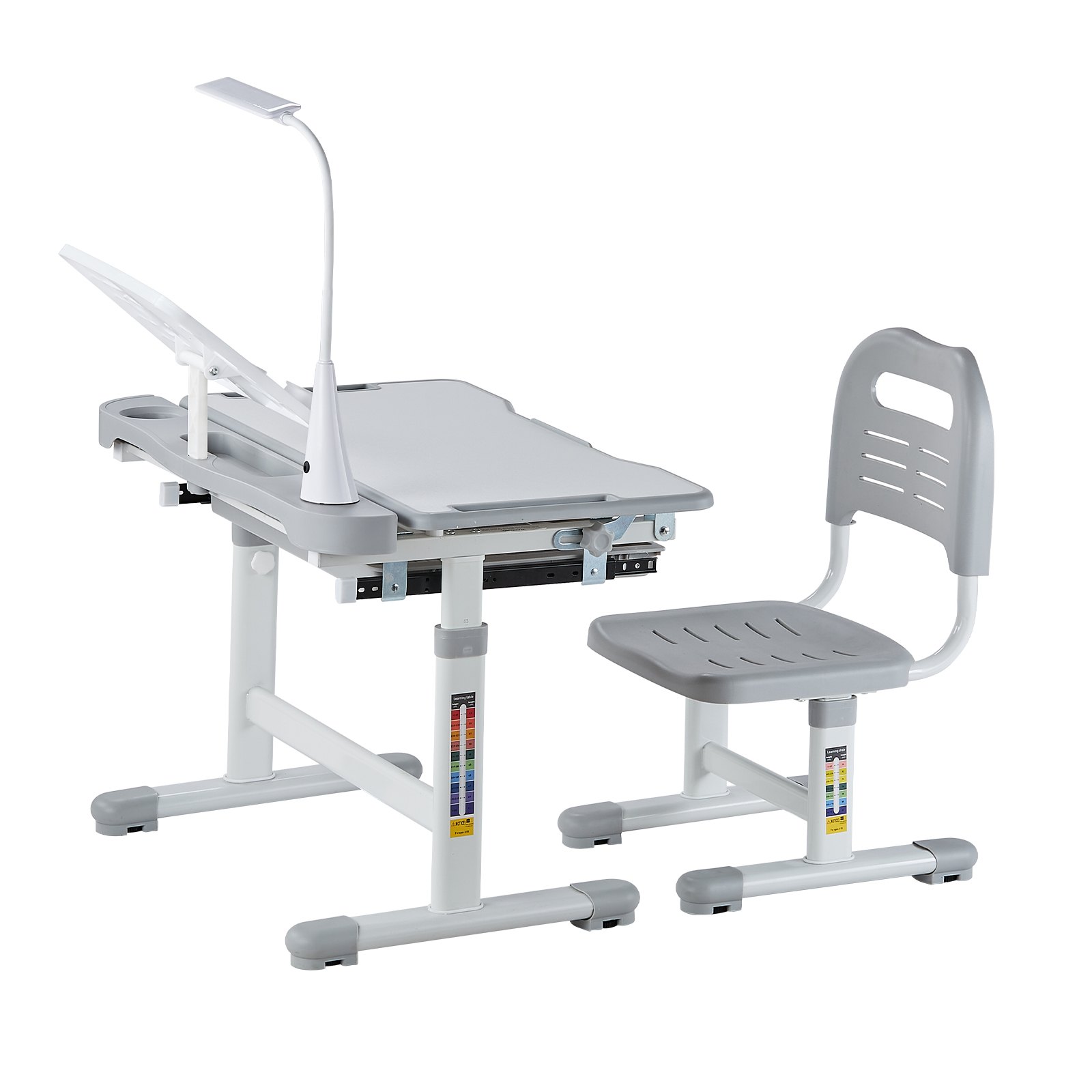 VEVOR Set Scrivania e Sedia da Lavoro per Bambini, Tavolo da Lavoro e Sedia per Bambini con Lampada da Tavolo, Piano Scrivania Inclinato 0 a 40° Altezza Regolabile, per Camera da Letto Studio, Grigio
