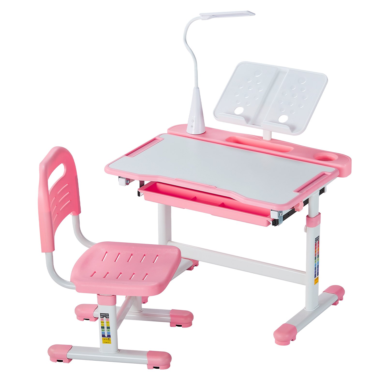 VEVOR Set Scrivania e Sedia da Lavoro per Bambini, Tavolo da Lavoro e Sedia per Bambini con Lampada da Tavolo, Piano Scrivania Inclinato da 0 a 40° Altezza Regolabile, per Camera da Letto Studio, Rosa