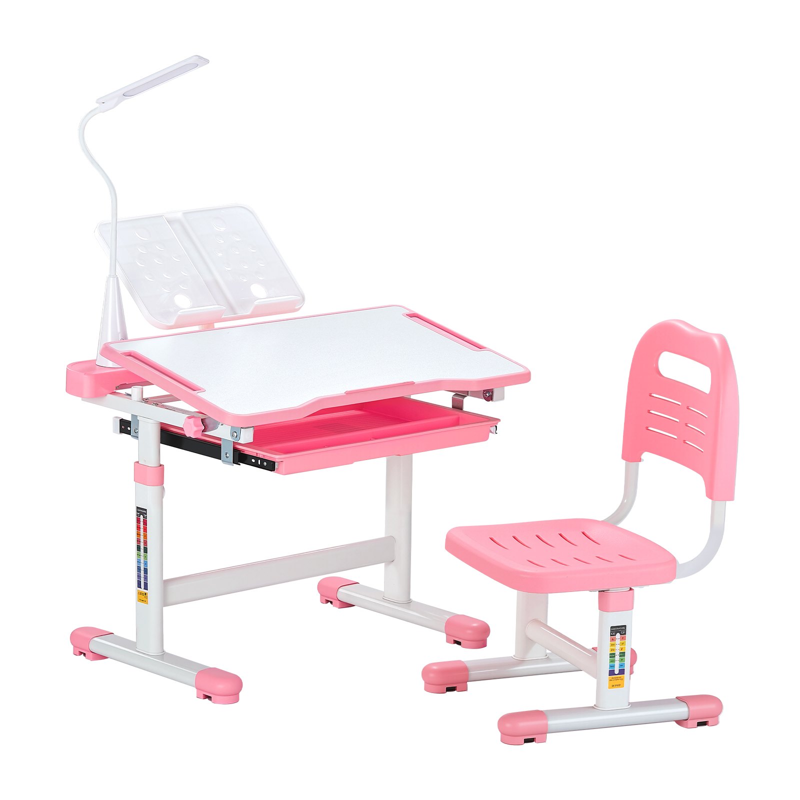 VEVOR Set Scrivania e Sedia da Lavoro per Bambini, Tavolo da Lavoro e Sedia per Bambini con Lampada da Tavolo, Piano Scrivania Inclinato da 0 a 40° Altezza Regolabile, per Camera da Letto Studio, Rosa