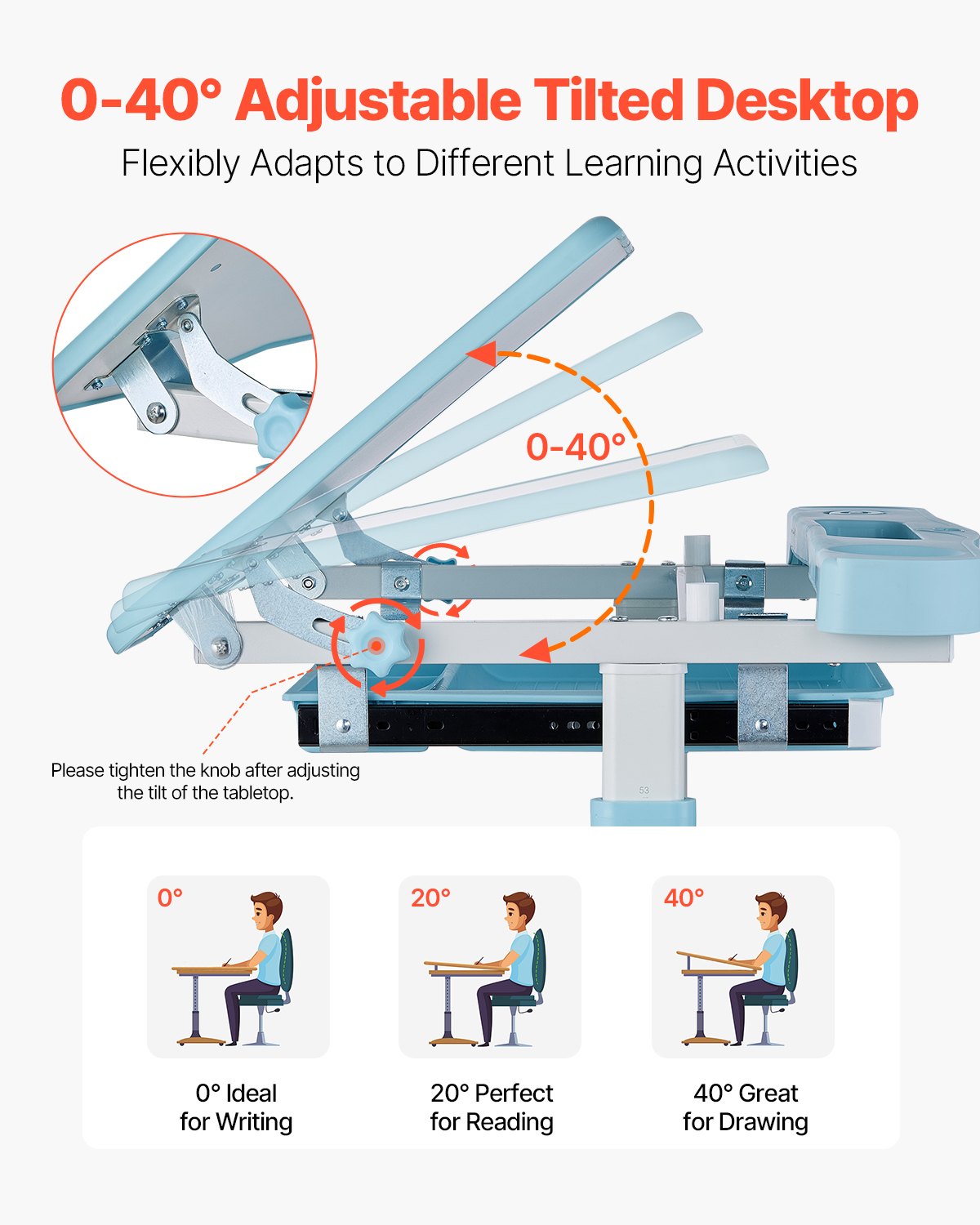 VEVOR Desk Set Children's Desk Work Table and Chair Height Adjustable (53-71 cm) Load Capacity (100 kg) with Table Lamp & 0-40° Tilting Desktop for Bedroom Blue