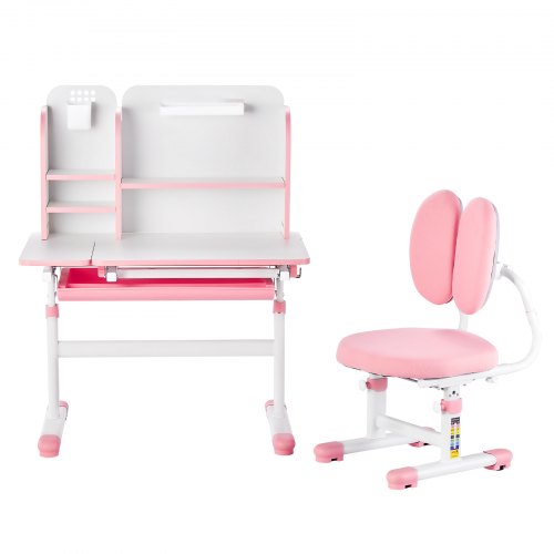 Kripyery Set di scrivania e sedia per bambini, regolabile, per scuola, scrittura, compiti, studio, scrivania ergonomica con grande lavagna, libreria e cassetto, rosa