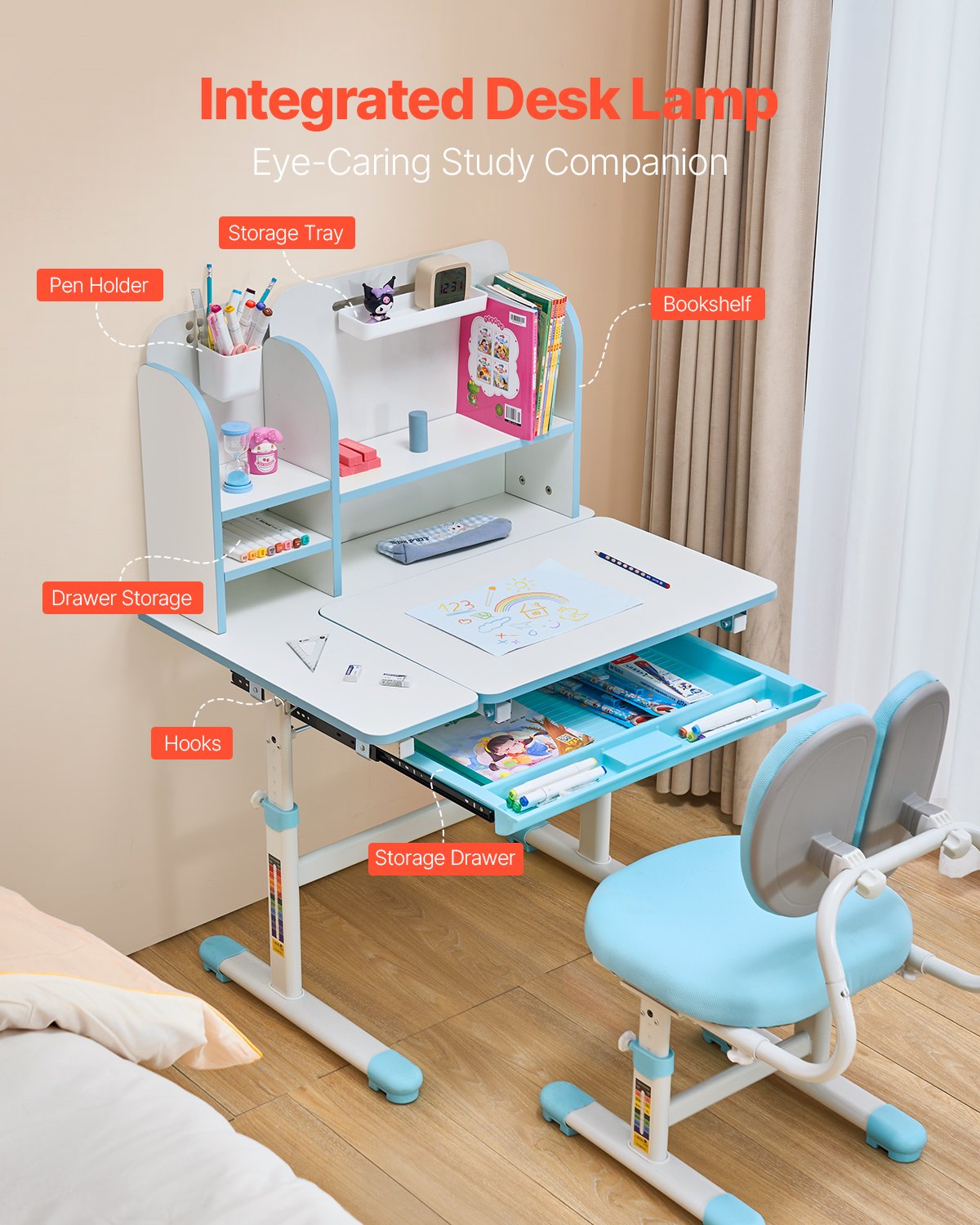 VEVOR Set Scrivania e Sedia da Studio per Bambini, Tavolo da Lavoro e Sedia per Bambini con Libreria e Cassetto, Inclinabile da 0 a 40° Regolabile in Altezza, per Camera da Letto e Studio, Blu