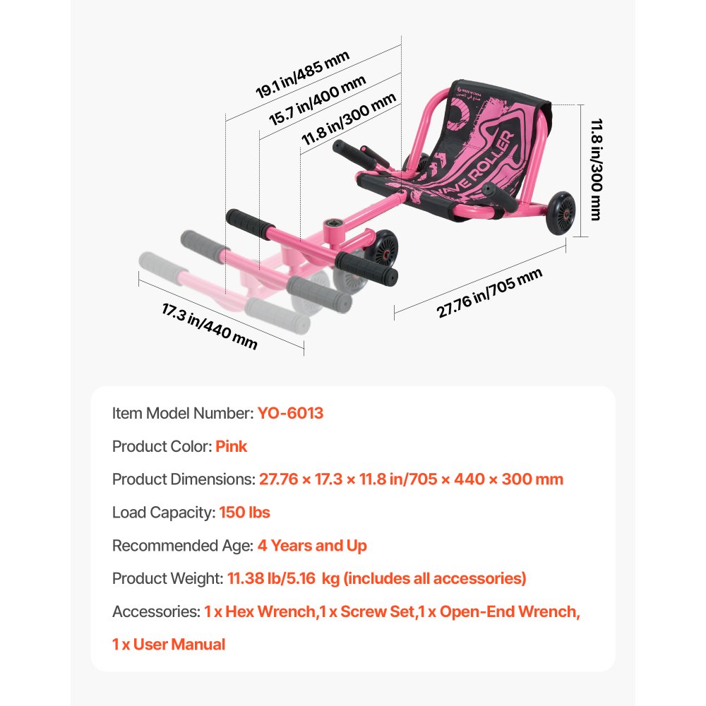 VEVOR Ride on Scooter 68 kg Swing Side-to-Side for Amazing Riding Pink, for Ages 4+, Powered by Zig-Zag Motion, Ride on Toy with 3 Adjustable Length, Brake Lever, Hard Surface Indoor & Outdoor
