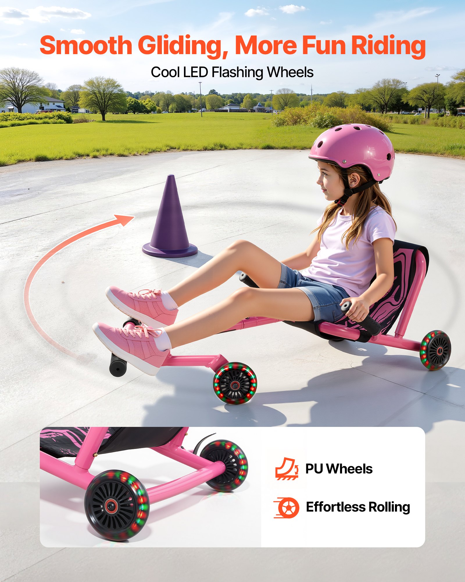 VEVOR Ride on Scooter 68 kg Swing Side-to-Side for Amazing Riding Pink, for Ages 4+, Powered by Zig-Zag Motion, Ride on Toy with 3 Adjustable Length, Brake Lever, Hard Surface Indoor & Outdoor