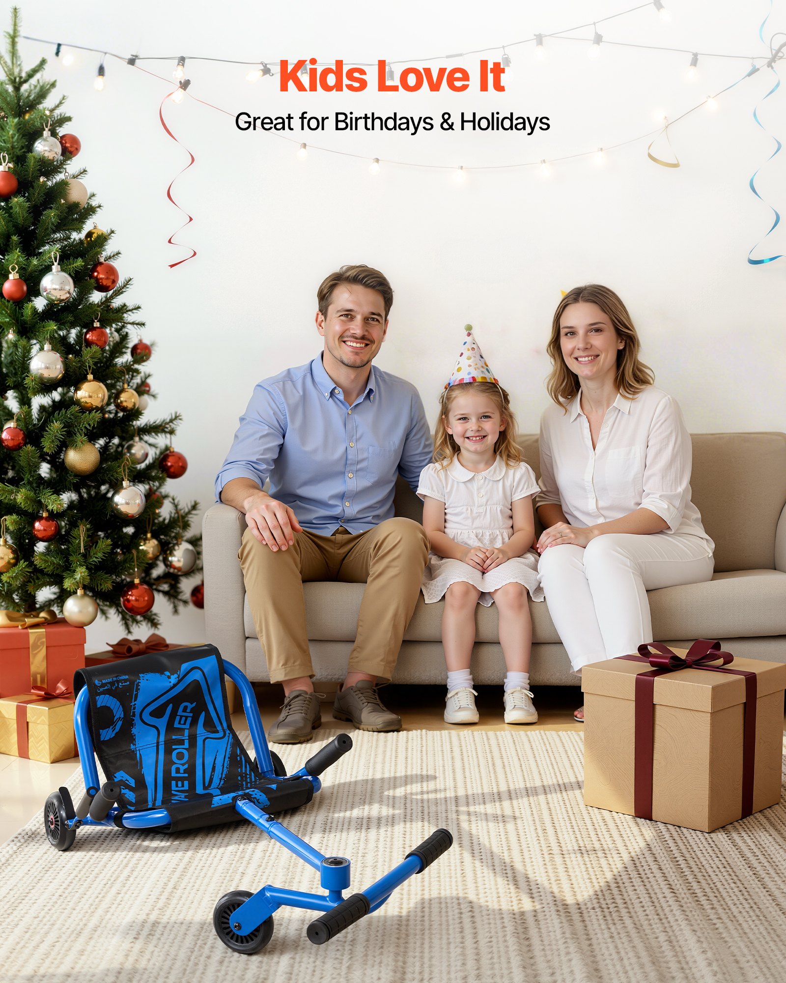 VEVOR Auto Cavalcabile Oscillante per Bambini Portata 68 kg Guida a Zig-Zag, Lunghezza Regolabile su 3 Livelli, Leva del Freno e Ruote Luminose, per Bambini dai 4 Anni, Uso Interno ed Esterno, Blu