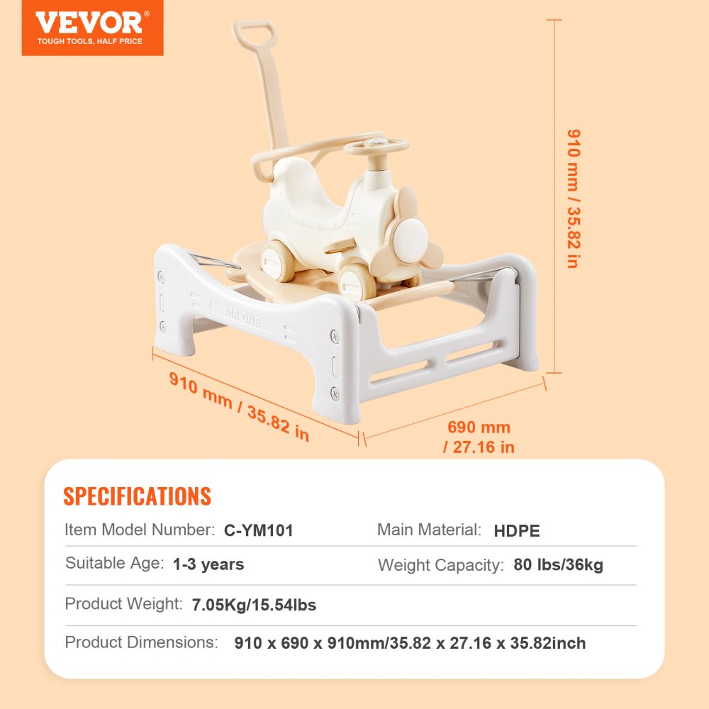 VEVOR Cavallo a Dondolo 5 in 1, Cavalluccio a Dondolo per Bambini da 1 a 3 Anni, con Trampolino, Tavola di Equilibrio Staccabile, Maniglia di Spinta e 4 Ruote Lisce, Supporta Bambini 36 kg Bianco
