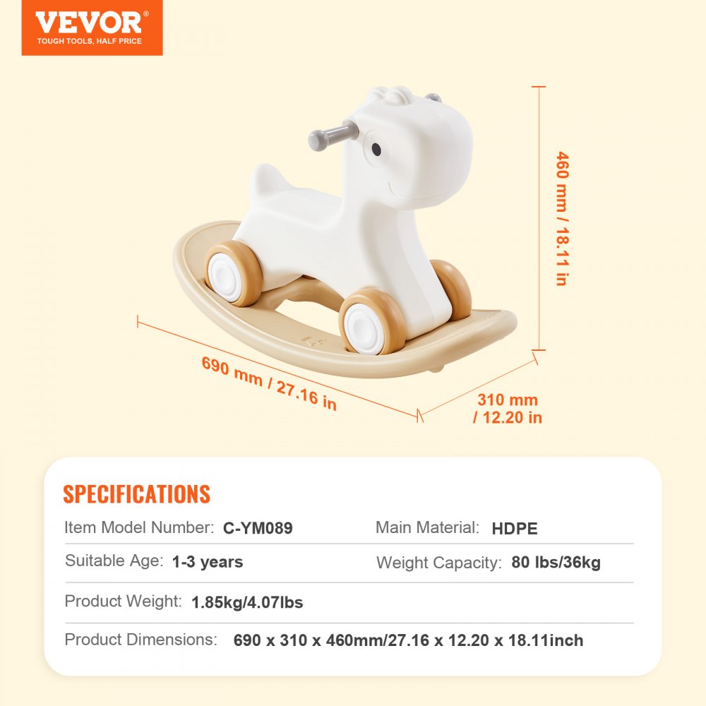 VEVOR Cavallo a Dondolo 3 in 1, Cavalluccio a Dondolo per Bambini da 1 a 3 Anni, con Tavola di Equilibrio Rimovibile 4 Ruote Lisce, Supporta Fino a 36 kg Materiale HDPE, Oscillazione a 40° Bianco