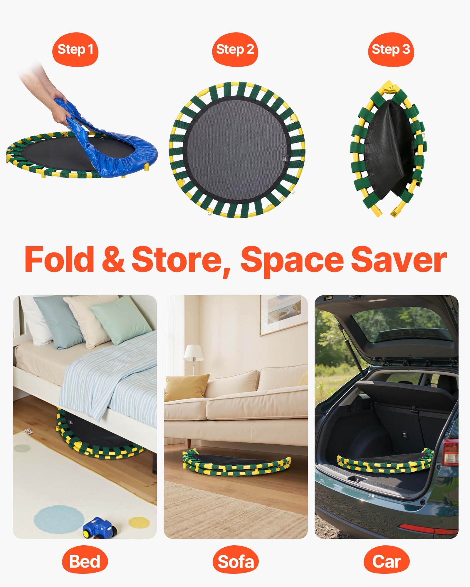 VEVOR Trampolino Pieghevole Rotondo Diametro 92cm per Bambini Trampolino Salvaspazio Pieghevole con Maniglia di Protezione Uso Interno Esterno da Giardino Cortile Casa per Bambini, Trampolino Bambini