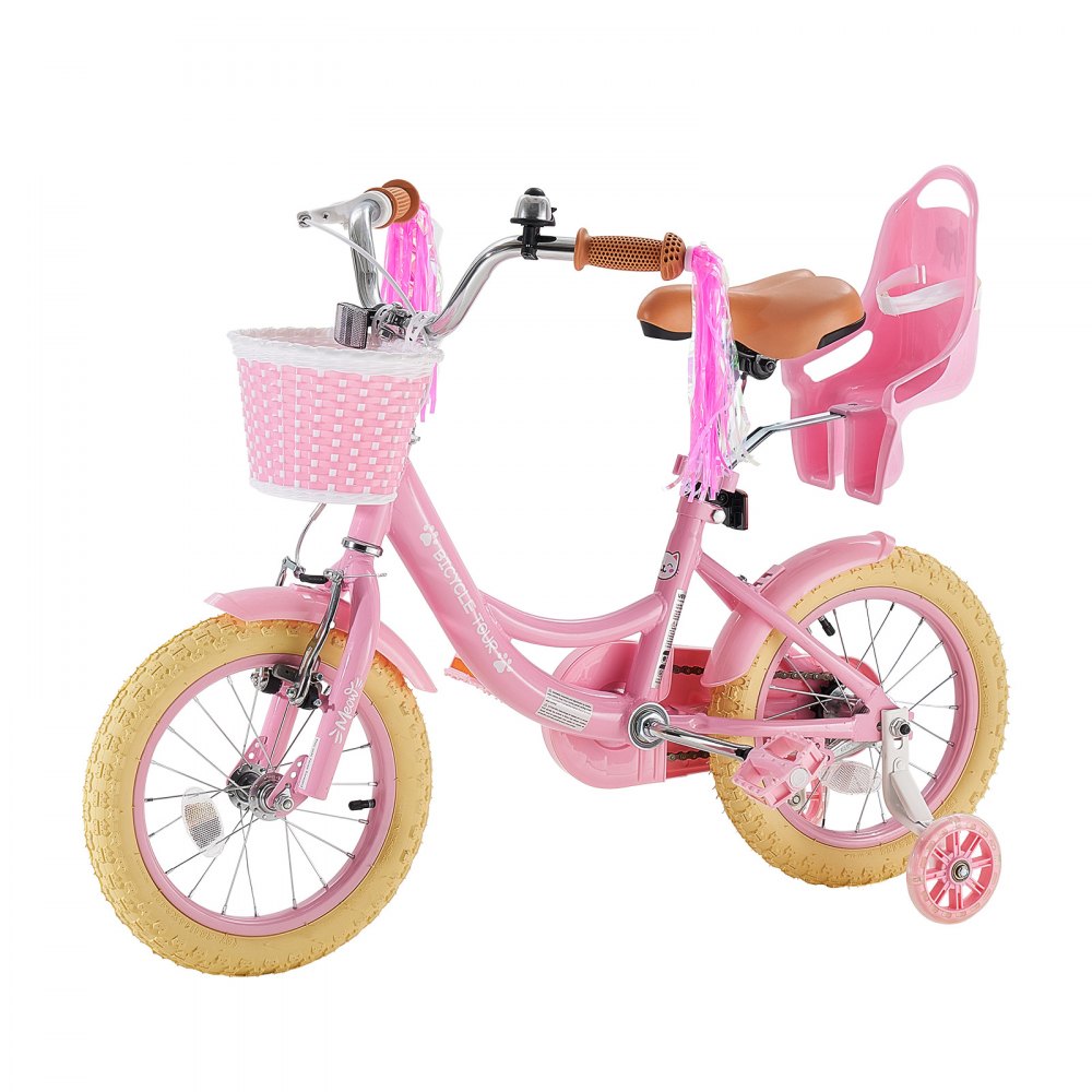 VEVOR Bicicletta per Bambine 14 Pollici Principessa Rosa, per 3-5 Anni, con Rotelle, Sella Regolabile, Freno Anteriore e Contropedale Posteriore, Cestino, Seggiolino per Bambola e Telaio in Acciaio