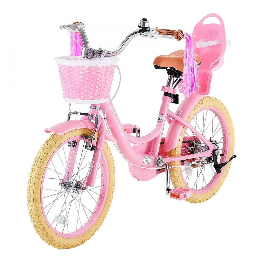 VEVOR Bicicletta per Bambine 18 Pollici Principessa Rosa, per 5-8 Anni, con Cavalletto, Sella Regolabile, Freno Anteriore e Tamburo Posteriore, Cestino, Seggiolino per Bambola e Telaio in Acciaio