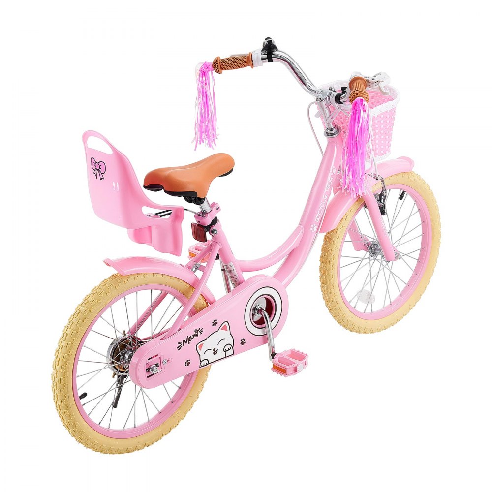 VEVOR Bicicletta per Bambine 18 Pollici Principessa Rosa, per 5-8 Anni, con Cavalletto, Sella Regolabile, Freno Anteriore e Tamburo Posteriore, Cestino, Seggiolino per Bambola e Telaio in Acciaio