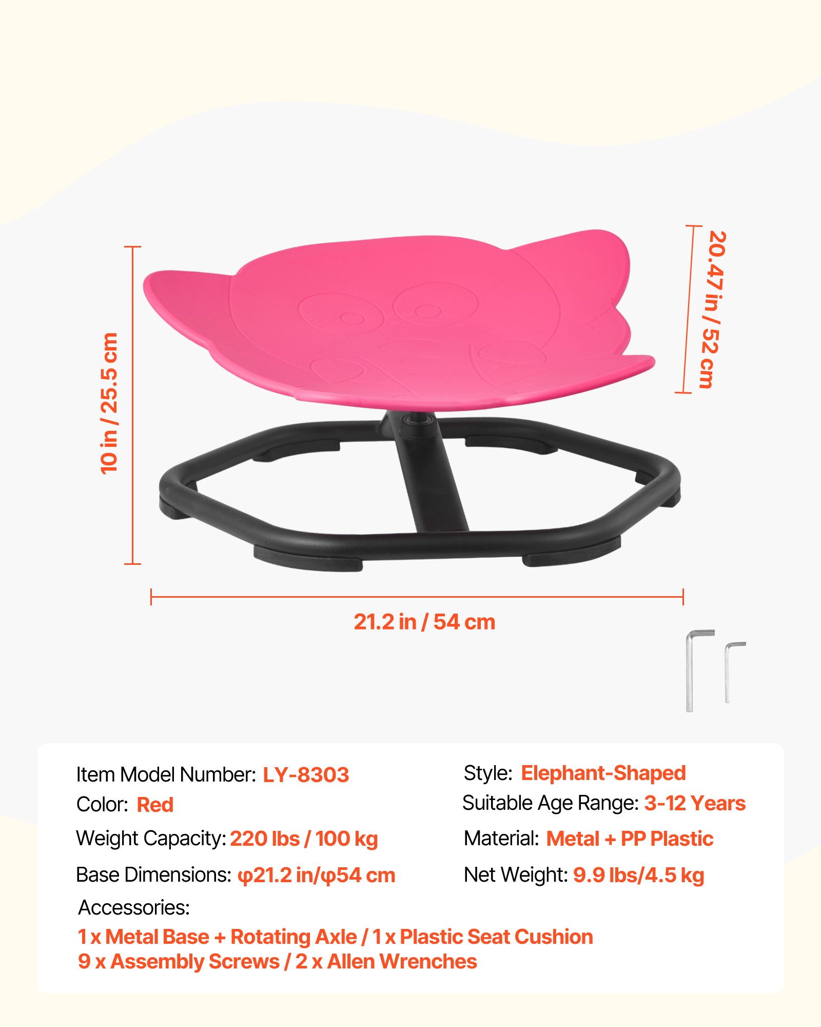 VEVOR Sedia Girevole Sensoriale per Bambini, Capacità di 100 kg, a Forma di Elefante in Metallo Antiscivolo, Sedile per Sedersi e Girare per Coordinazione, Equilibrio e Concentrazione, Rosso