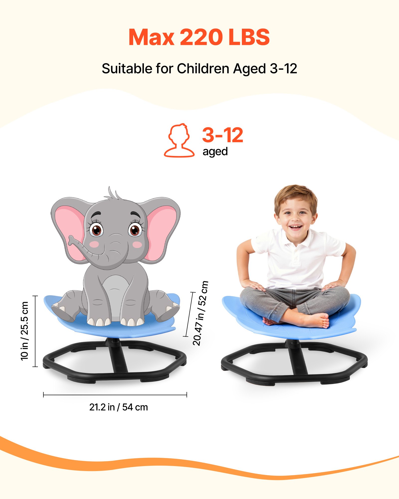 VEVOR Sedia Girevole Sensoriale per Bambini, Capacità di 100 kg, a Forma di Elefante in Metallo Antiscivolo, Sedile per Sedersi e Girare per Coordinazione, Equilibrio e Concentrazione, Blu