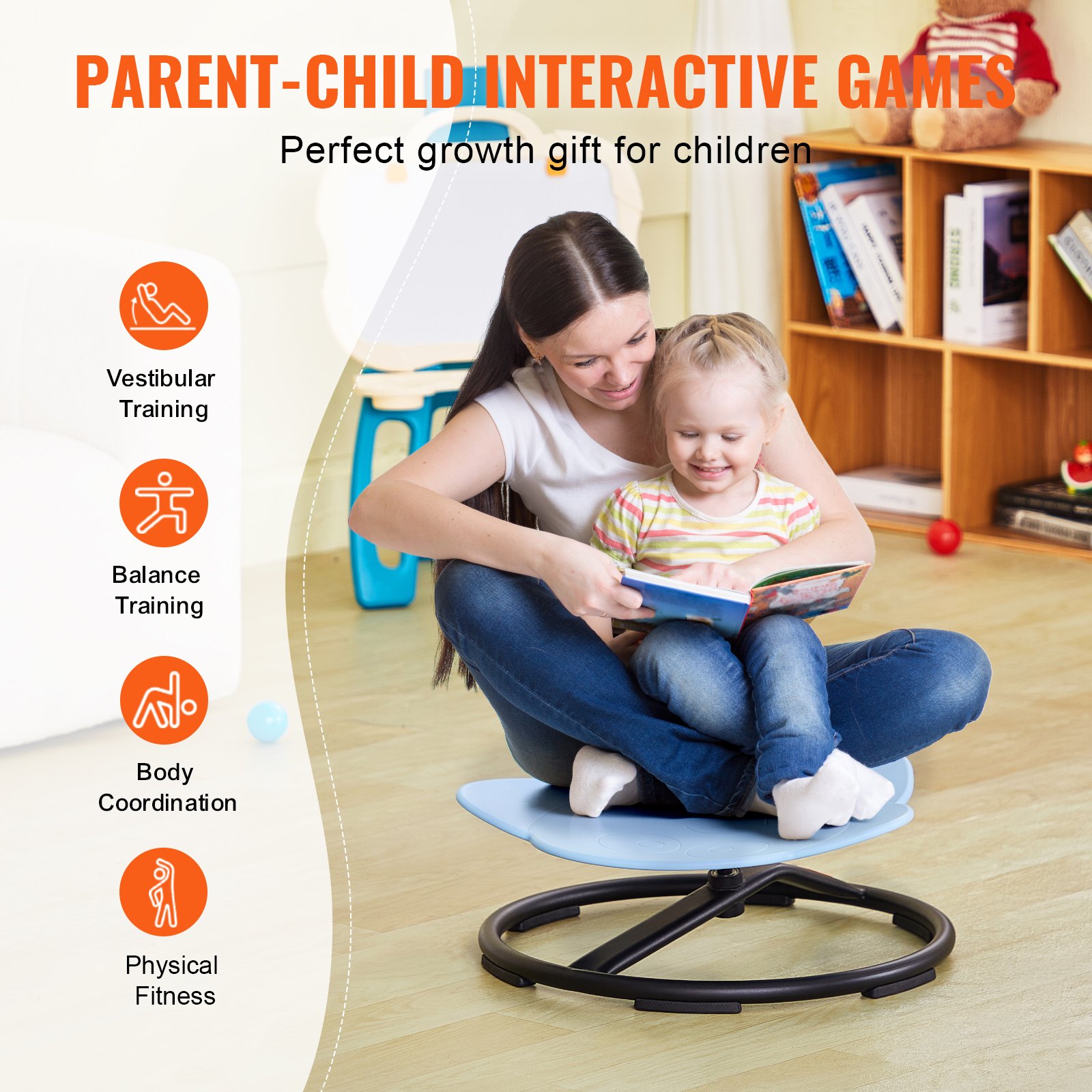 VEVOR Sensory Swivel Chair for Children, 100 kg Load Capacity, 360° Swivel Chair, Sensory Toy Chair for Autistic Children, Swivel Chair for Coordination and Balance, Base with Elephant Motif, Blue