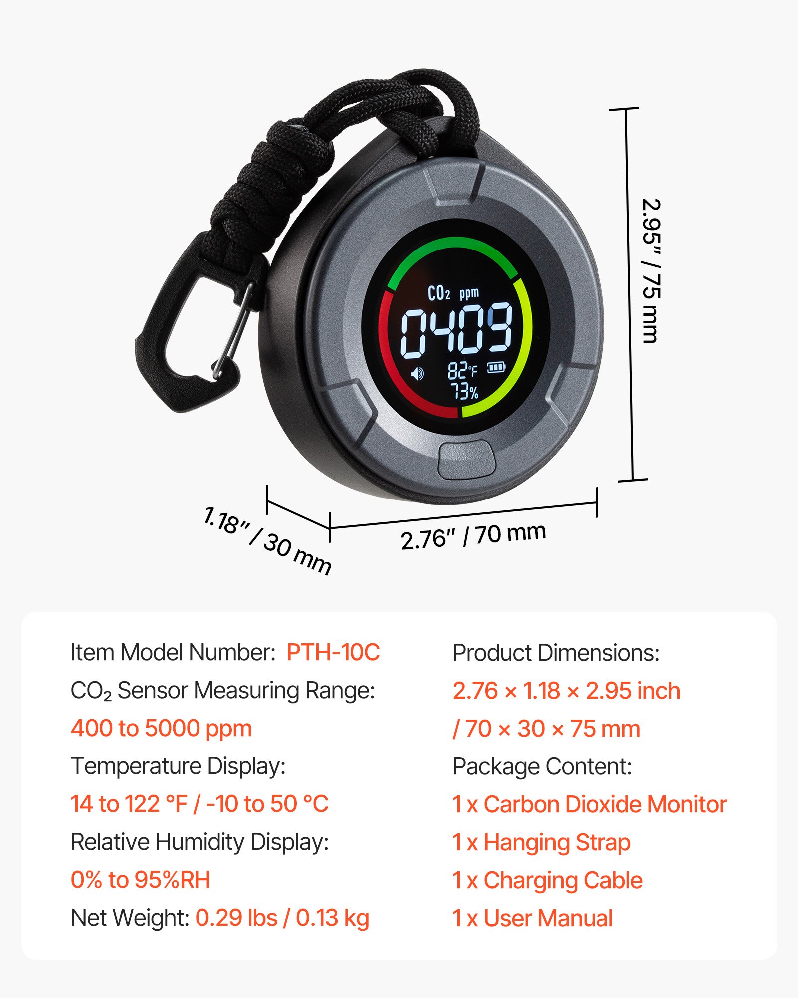 VEVOR Carbon Dioxide Monitor, CO2 Controller with Temperature and Humidity Display, 4.57m NDIR Sensor Cable Carbon Dioxide Detector, CO2 Sensor for Outdoors, Home, Office, Car, Lightweight & Portable