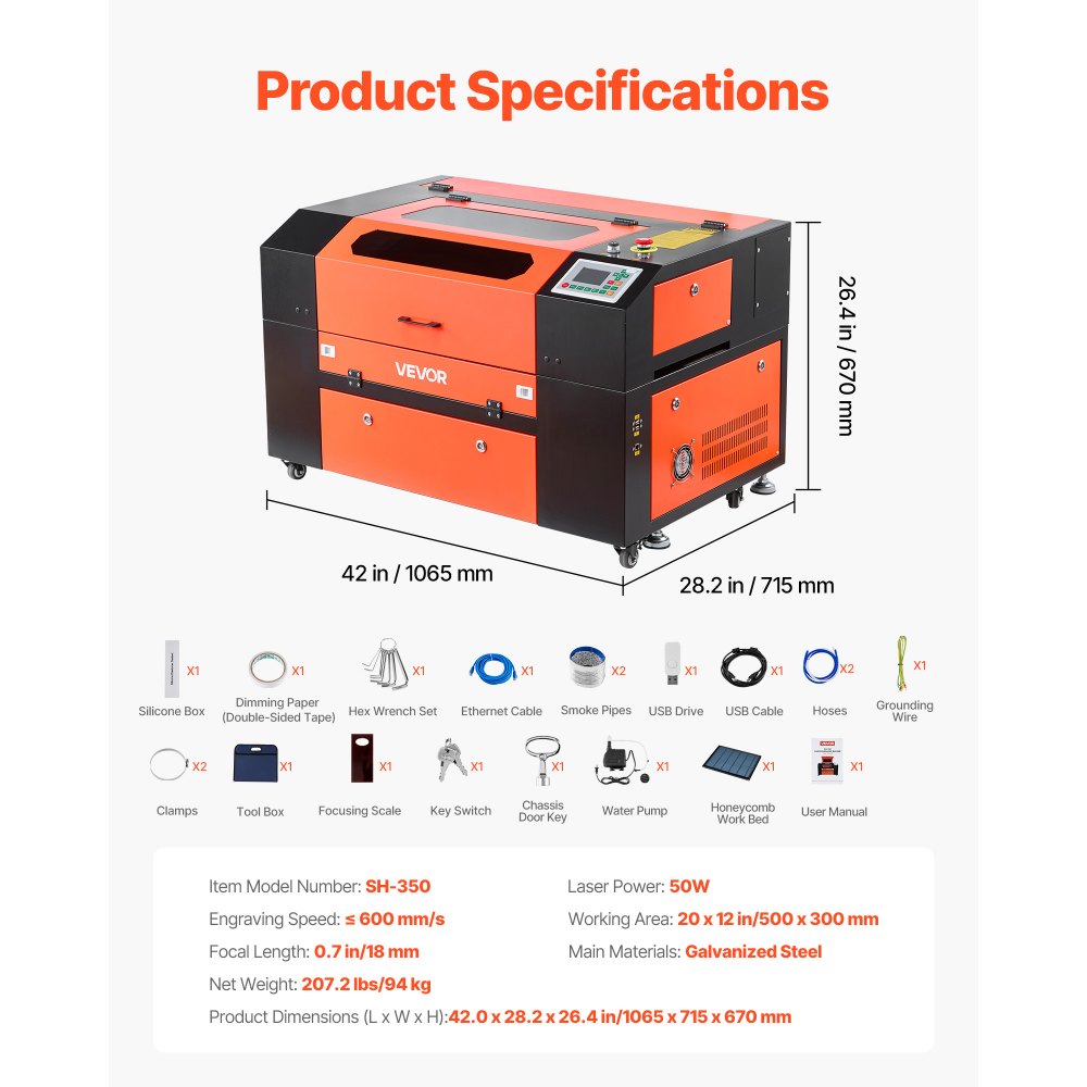 VEVOR Macchina Incisore Laser CO2 da 50 W, Macchina per Incisione e Taglio Laser CO2 Taglierina per Incisione Compatibile con LightBurn CorelDRAW RDWorks, per Legno, Acrilico, Vetro