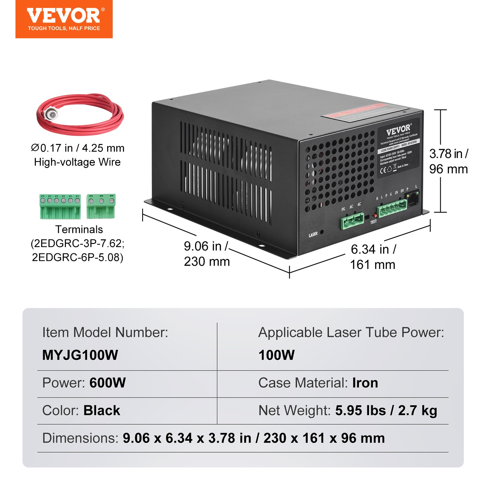 VEVOR Alimentatore Laser CO2 100 W, Alimentatore Tubo Laser da 100 W, Protezione a Corrente Costante, Protezione da Circuito Aperto, Dissipazione del Calore, Compatibile con Incisori Taglierine Laser