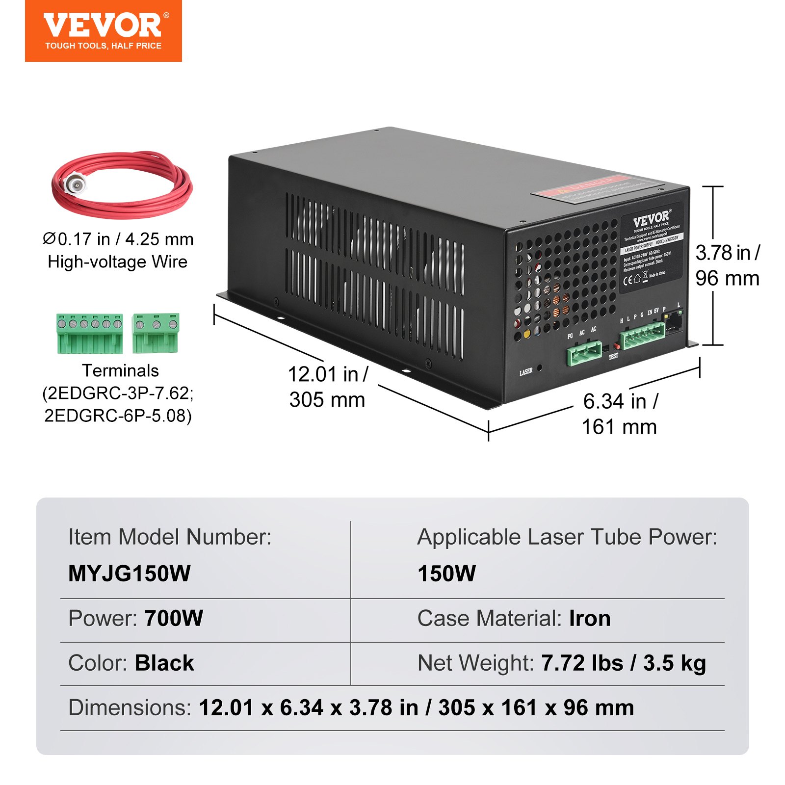 VEVOR Alimentatore Laser CO2 150 W, Alimentatore Tubo Laser da 150 W, Protezione a Corrente Costante, Protezione da Circuito Aperto, Dissipazione del Calore, Compatibile con Incisori Taglierine Laser