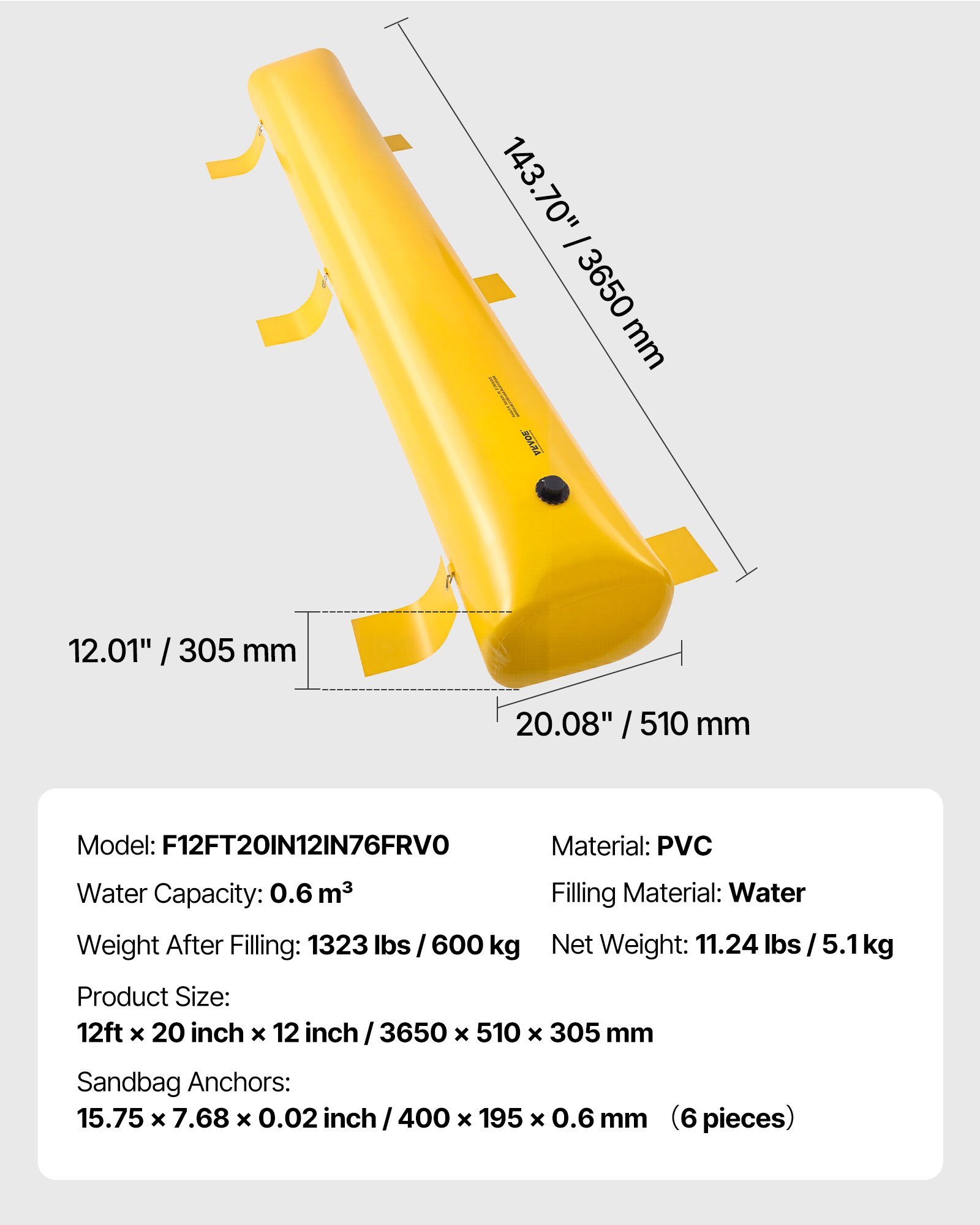 VEVOR Barriera antiallagamento, Alternativa al sacco di sabbia da 12 piedi x 12 pollici, Tubi riutilizzabili per deviazione dell'acqua in PVC, Barriere antiallagamento per casa, porta, garage