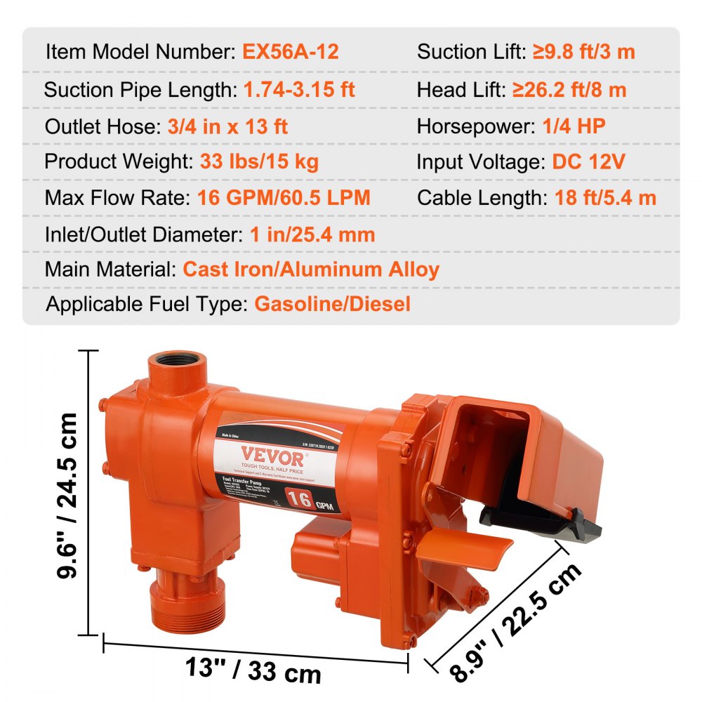 VEVOR Pompa di Trasferimento Carburante, 12 V CC 16 GPM 1/4 CV, Pompa di Estrazione Benzina con Ugello Automatico, Tubo di Scarico Aspirazione per Benzina, Cherosene