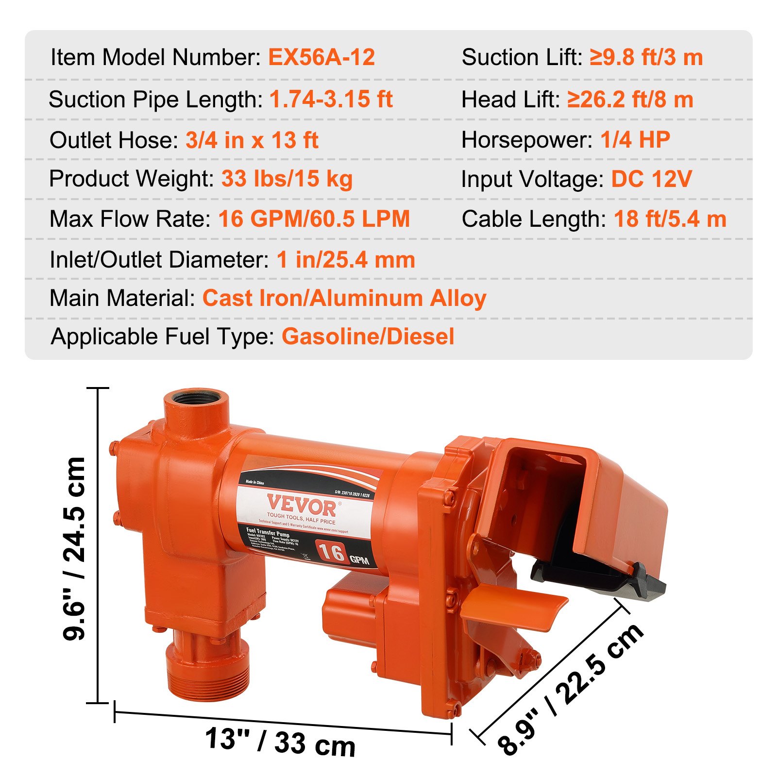 VEVOR Pompa di Trasferimento Carburante, 12 V CC 16 GPM 1/4 CV, Pompa di Estrazione Benzina con Ugello Automatico, Tubo di Scarico Aspirazione per Benzina, Cherosene
