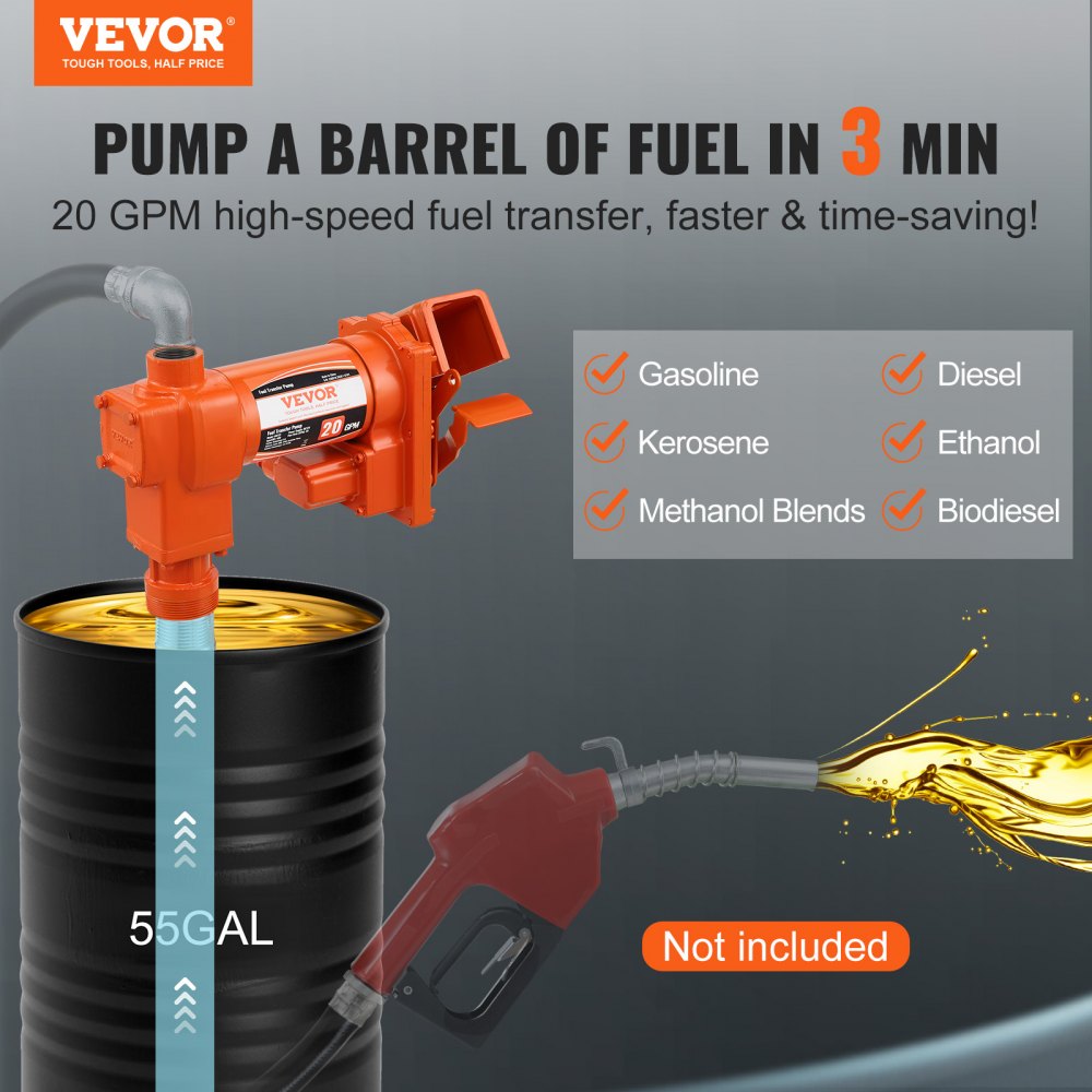 VEVOR Pompa di Trasferimento Carburante, 12 V CC 20 GPM 1/4 CV Estrazione Benzina in Ghisa con Design Scatola di Raccolta Carburante per Benzina, Diesel, Cherosene, Miscele di Etanolo Metanolo