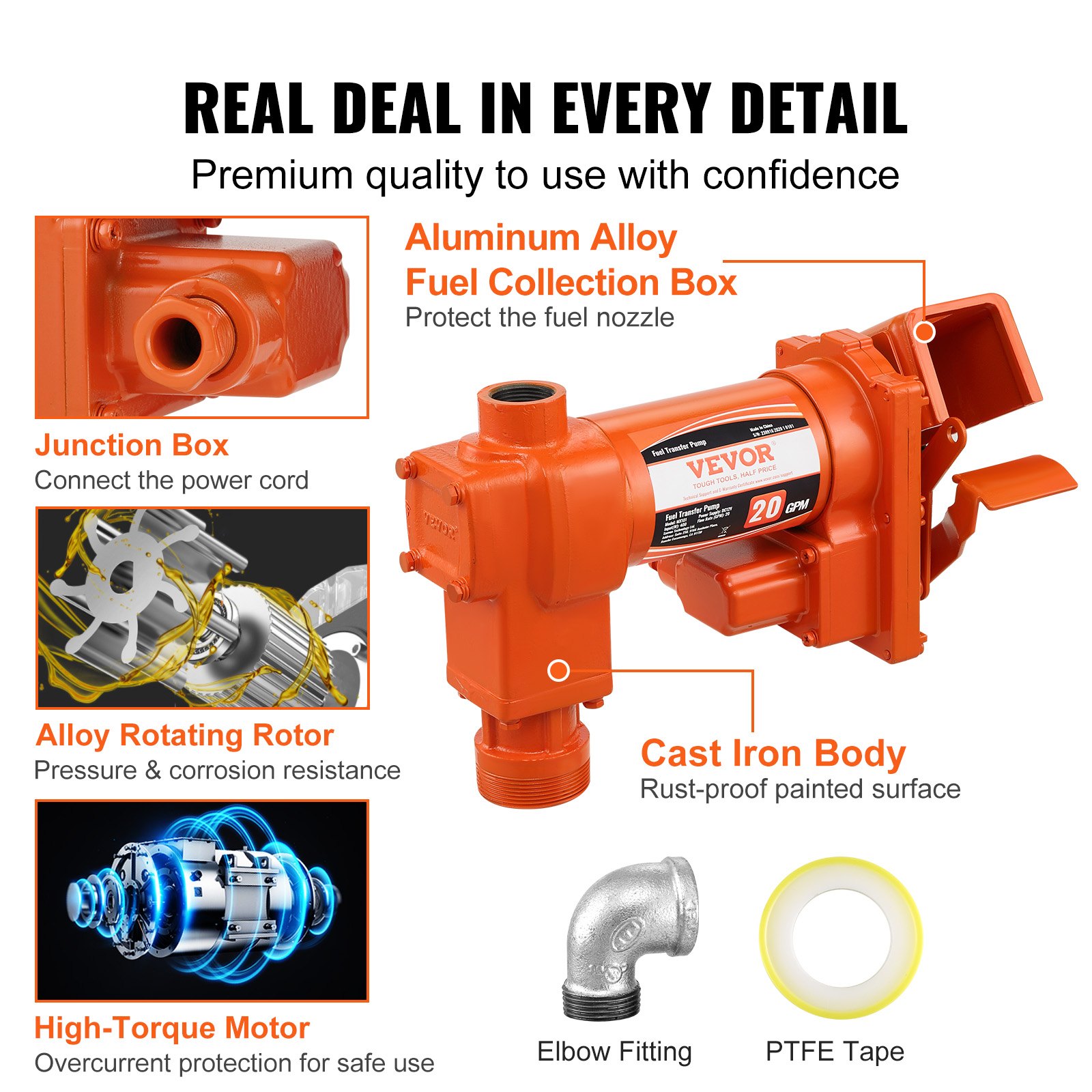 VEVOR Pompa di Trasferimento Carburante, 12 V CC 20 GPM 1/4 CV Estrazione Benzina in Ghisa con Design Scatola di Raccolta Carburante per Benzina, Diesel, Cherosene, Miscele di Etanolo Metanolo