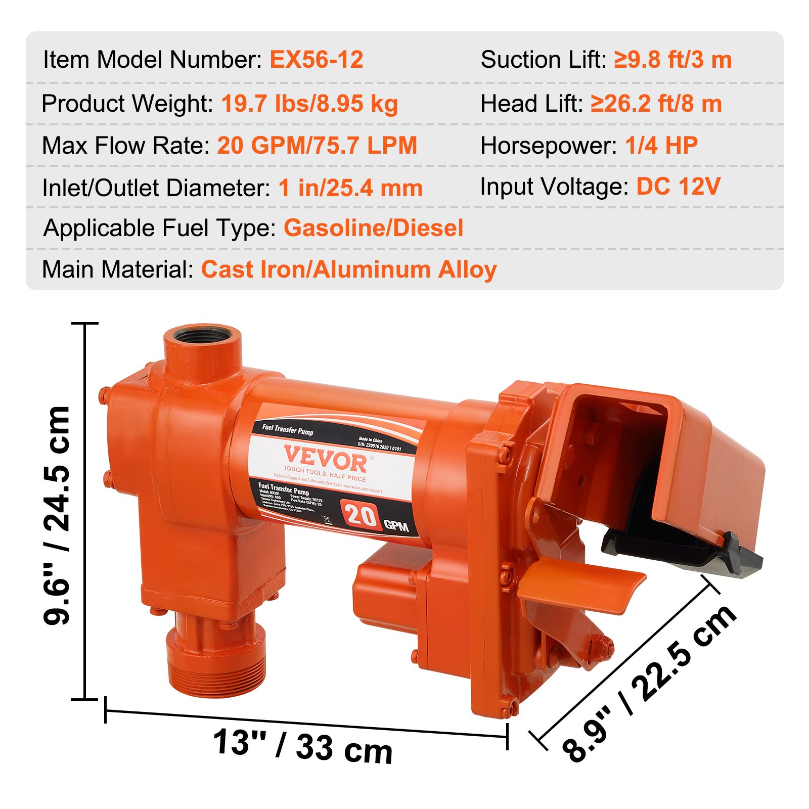VEVOR Pompa di Trasferimento Carburante, 12 V CC 20 GPM 1/4 CV Estrazione Benzina in Ghisa con Design Scatola di Raccolta Carburante per Benzina, Diesel, Cherosene, Miscele di Etanolo Metanolo