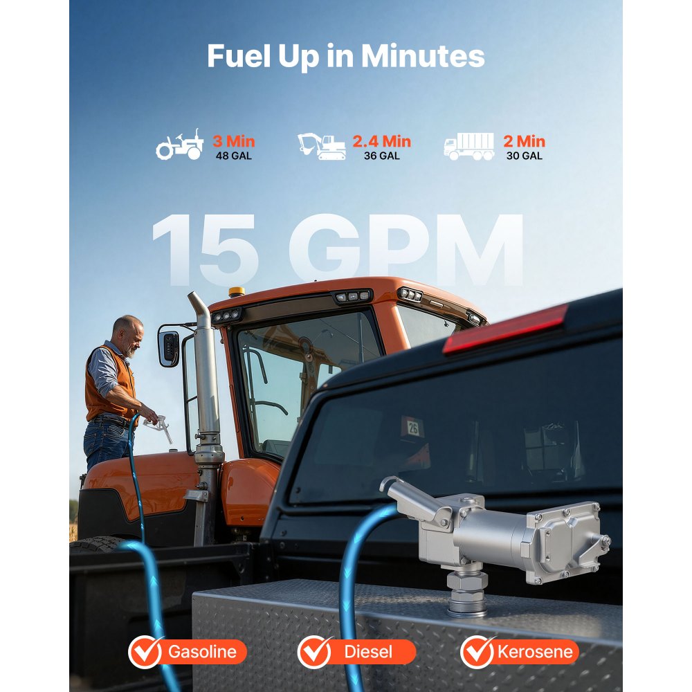 VEVOR Pompa di Trasferimento Carburante 12 V CC 15 GPM, Kit Pompa di Trasferimento Diesel in Ghisa con Ugello di Arresto Manuale, Tubo di Scarico, Protezione da Surriscaldamento, 1/3 HP