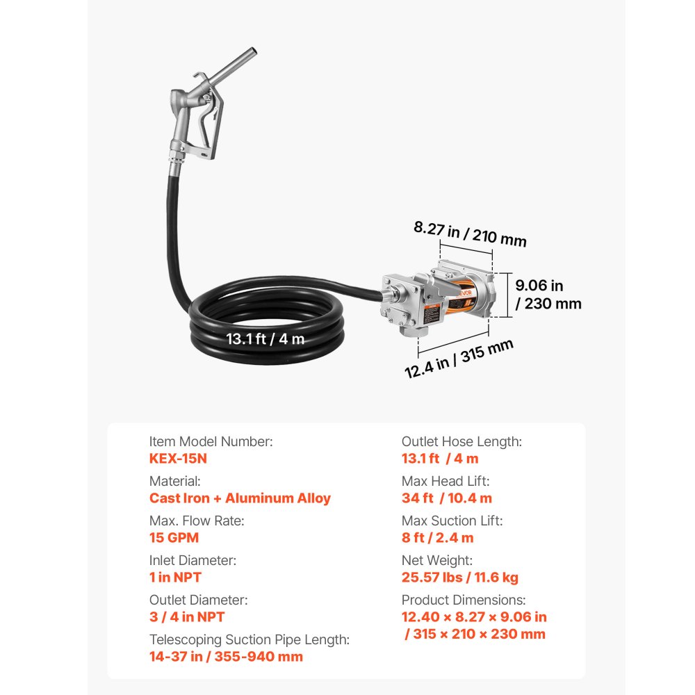 VEVOR Pompa di Trasferimento Carburante 12 V CC 15 GPM, Kit Pompa di Trasferimento Diesel in Ghisa con Ugello di Arresto Manuale, Tubo di Scarico, Protezione da Surriscaldamento, 1/3 HP