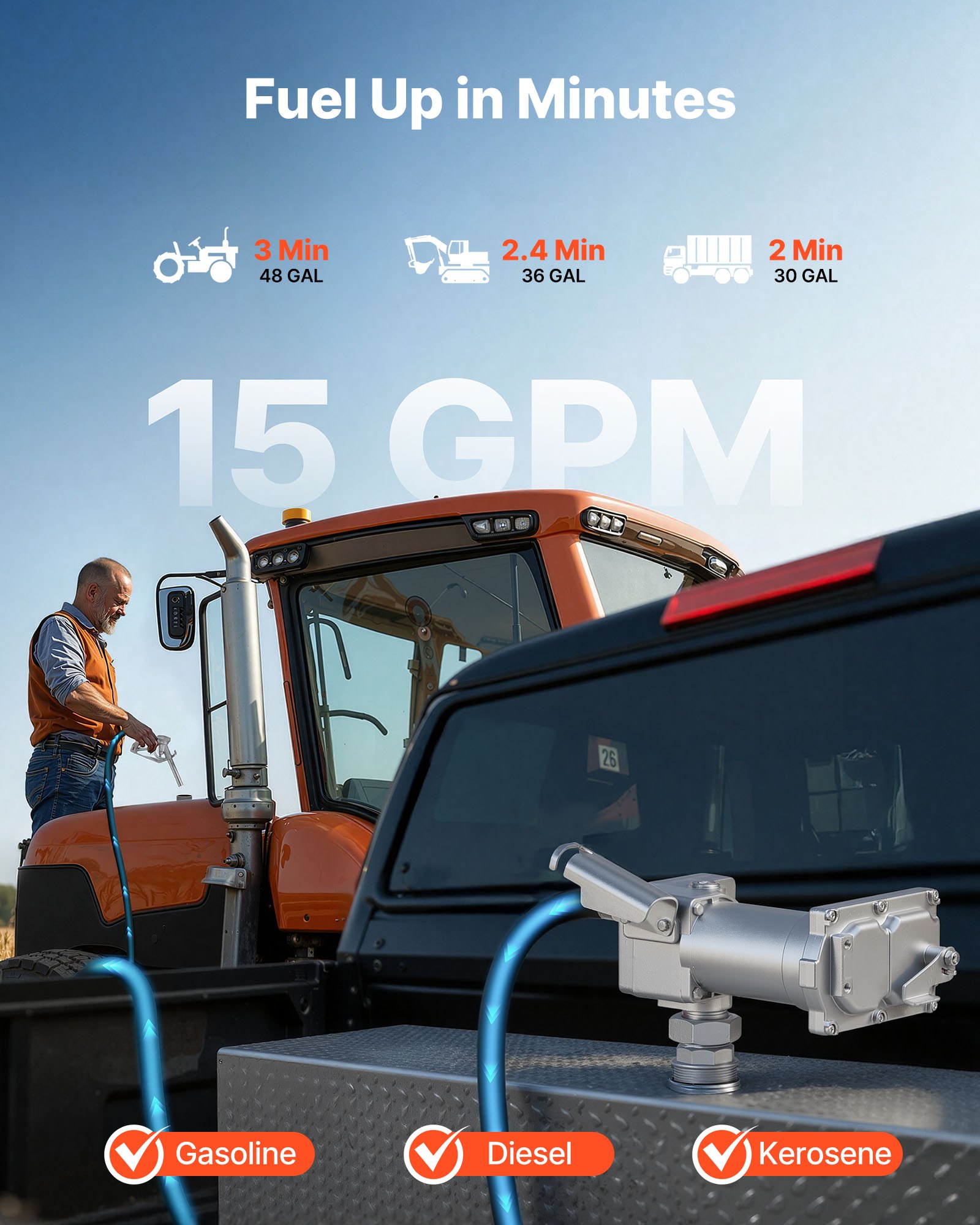 VEVOR Pompa di Trasferimento Carburante 12 V CC 15 GPM, Kit Pompa di Trasferimento Diesel in Ghisa con Ugello di Arresto Manuale, Tubo di Scarico, Protezione da Surriscaldamento, 1/3 HP