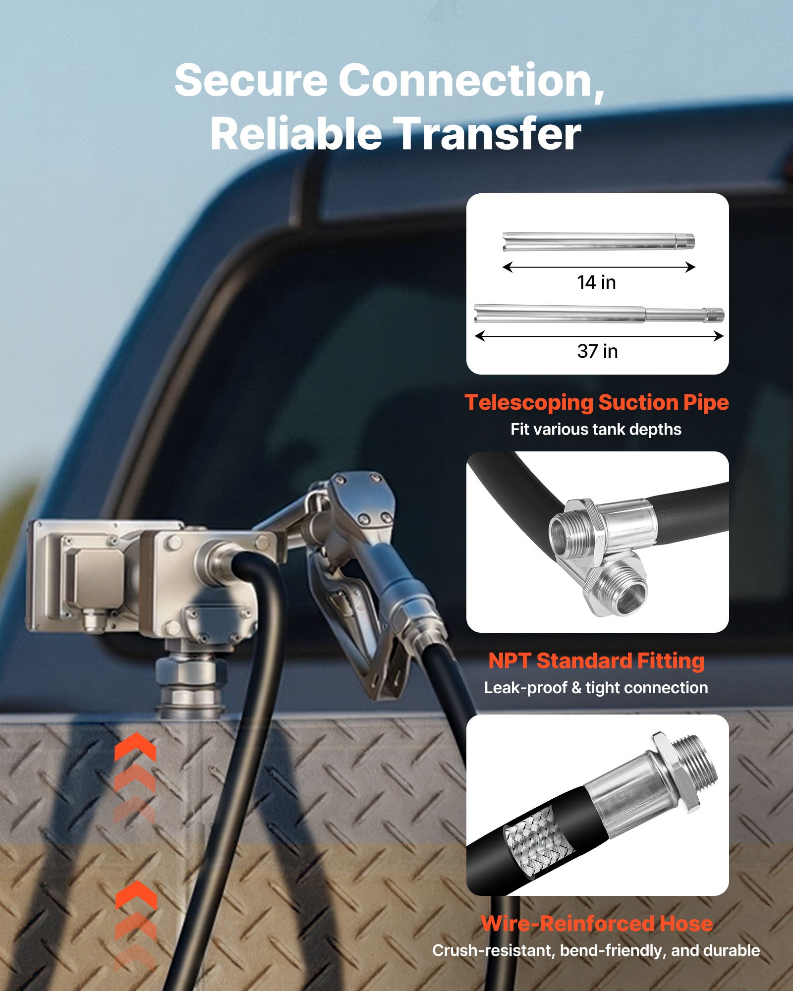 VEVOR Pompa di Trasferimento Carburante 12 V CC 15 GPM, Kit Pompa di Trasferimento Diesel in Ghisa con Ugello di Arresto Manuale, Tubo di Scarico, Protezione da Surriscaldamento, 1/3 HP