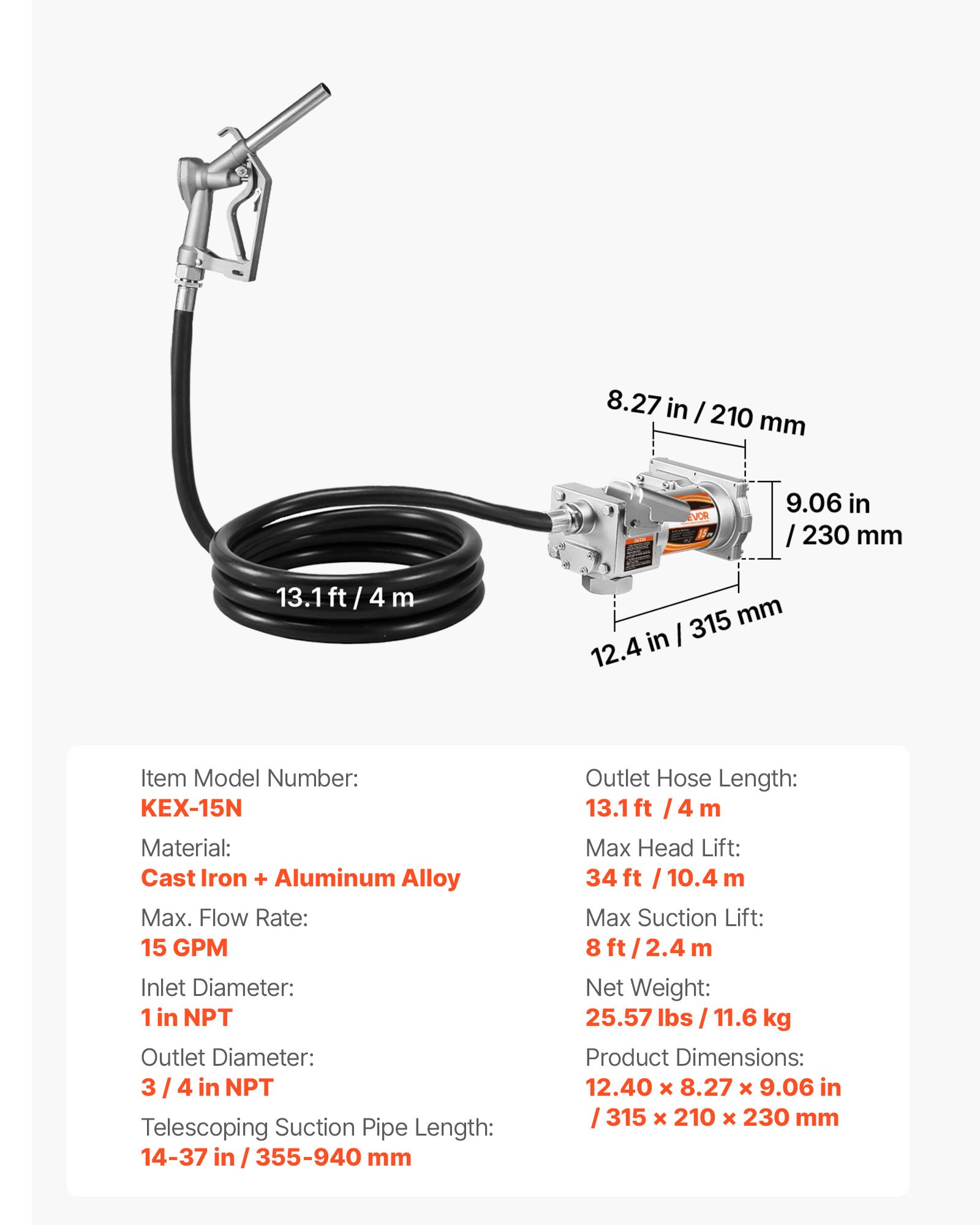 VEVOR Pompa di Trasferimento Carburante 12 V CC 15 GPM, Kit Pompa di Trasferimento Diesel in Ghisa con Ugello di Arresto Manuale, Tubo di Scarico, Protezione da Surriscaldamento, 1/3 HP