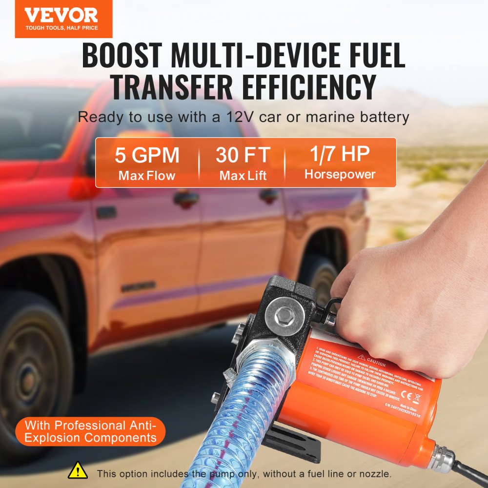 VEVOR Pompa di Trasferimento Carburante, 12 V CC 5 GPM 1/7 HP, Pompa Elettrica Portatile con Ugello Carburante, Spegnimento Automatico, Tubo Flessibile Lungo, per Benzina Diesel Miscele di Metanolo