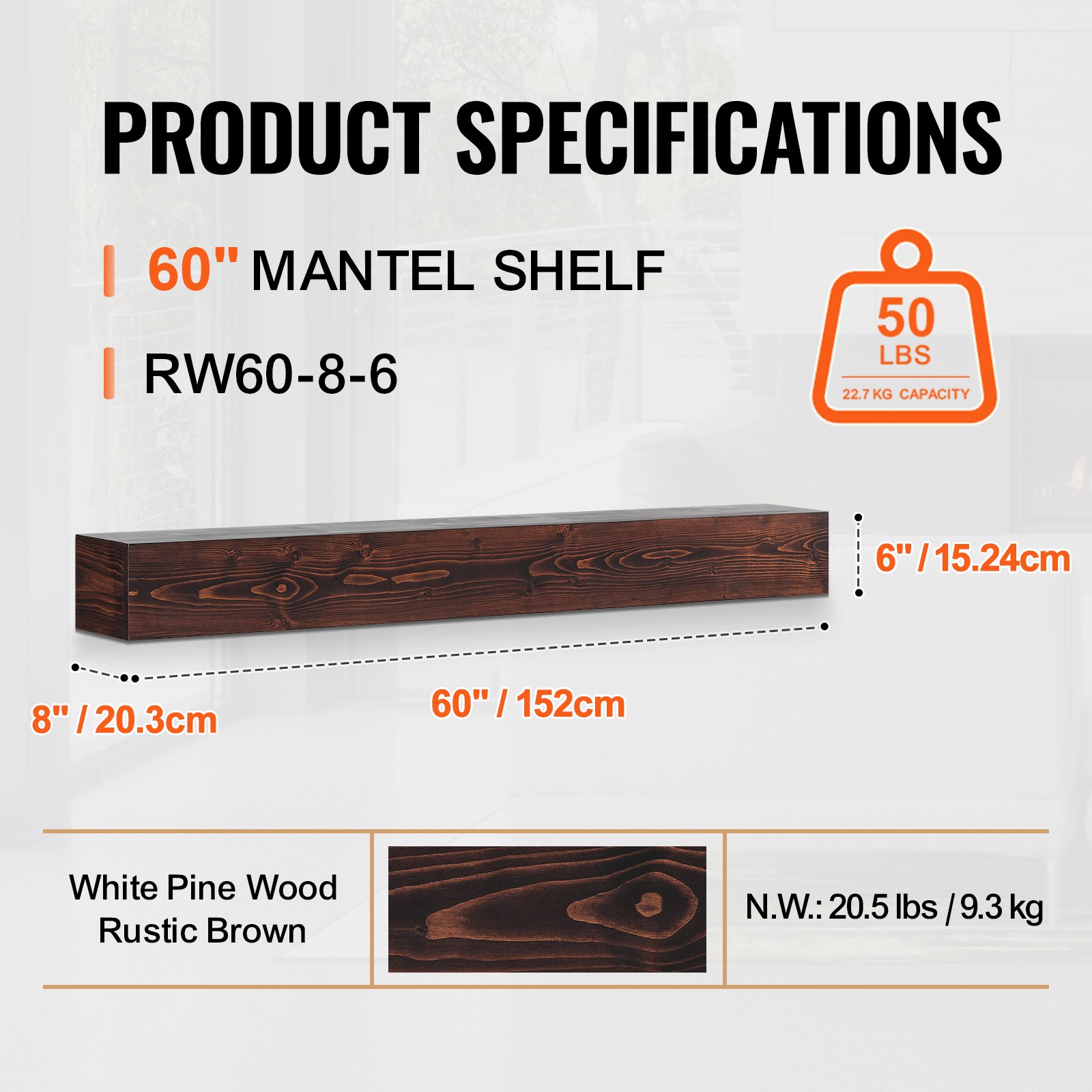 VEVOR Mensola per caminetto galleggiante a parete, 60 x 8 x 6 pollici, Mensola per caminetto galleggiante in legno naturale, Capacità carico 50 libbre, Mensola per decorazione murale, Marrone rustico