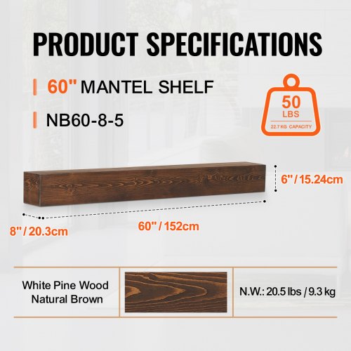 Mensola da camino in finto legno, lunga 132 cm, mensola sospesa invisibile da parete, impermeabile e ignifuga, decorazione da parete in legno rustico