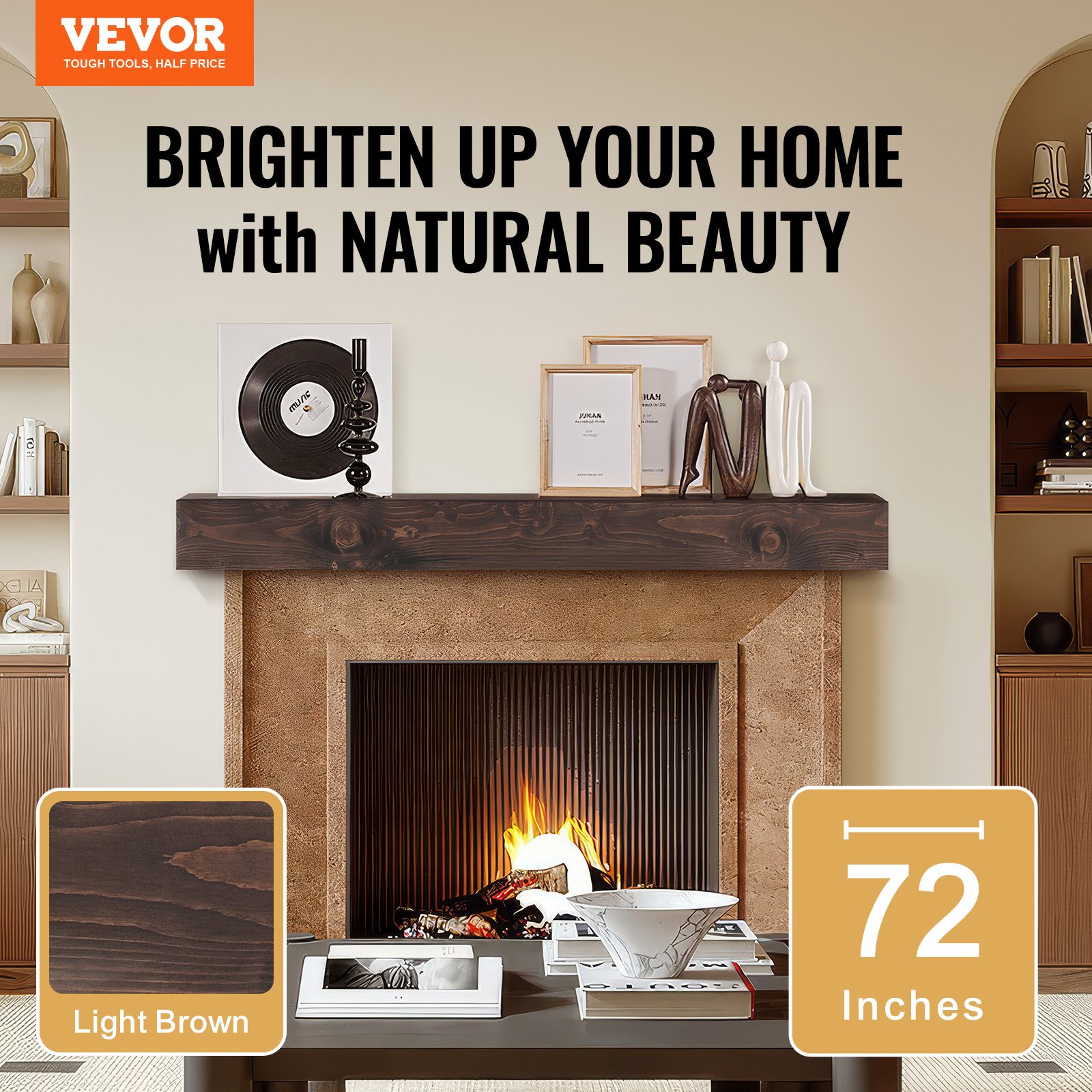 VEVOR Mantelpiece, 183.9 x 20.3 x 12.7 cm, Load capacity 22.7 kg, Natural wood mantelpiece for above the fireplace, floating farmhouse wall-mounted shelf, handcrafted mantelpiece as wall decoration, Light Brown