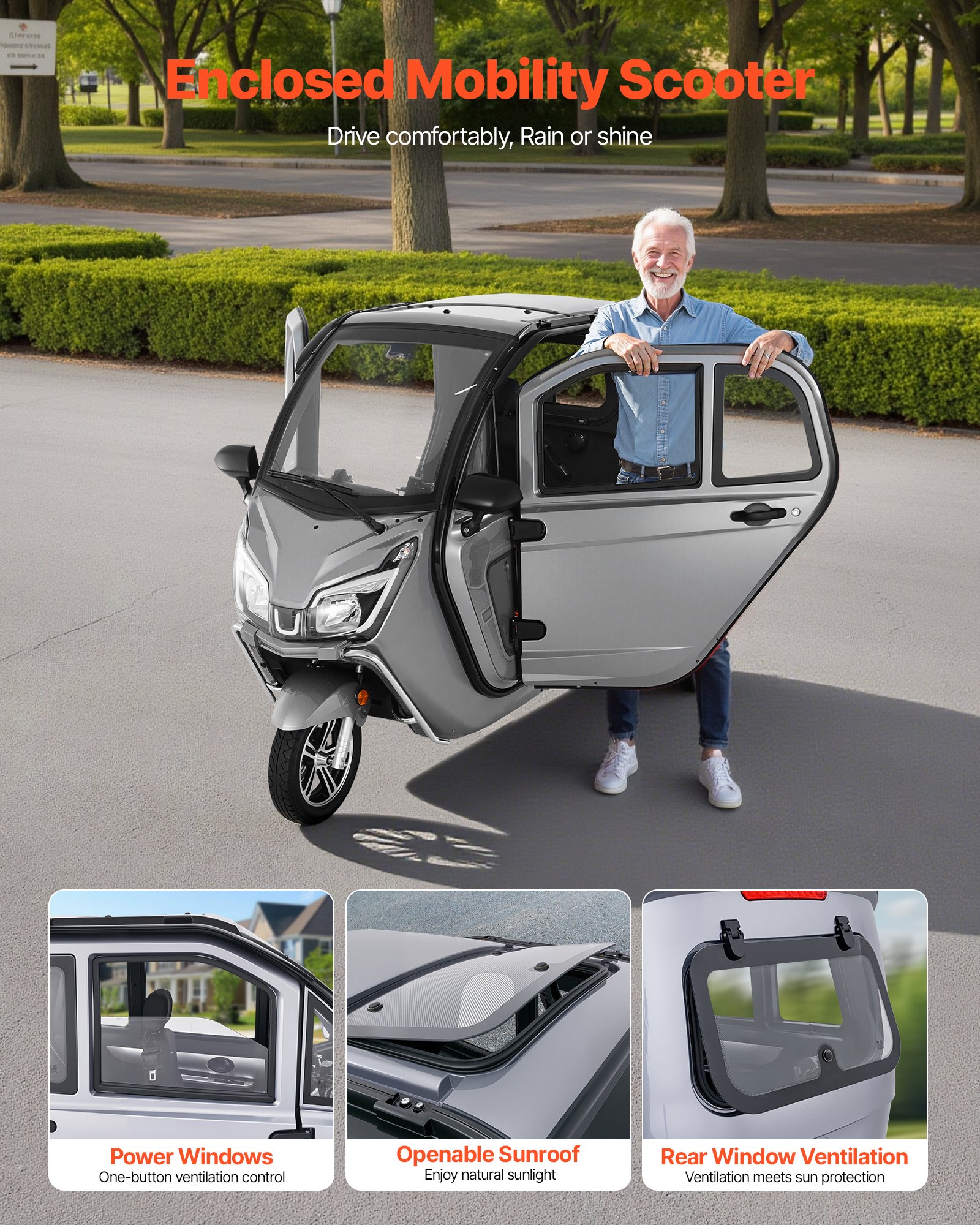 VEVOR Scooter Elettrico Cabinato per Anziani Disabili a 3 Ruote Capacità di 295 kg, Scooter Elettrico Cabinato a 3 Posti da 1500 W, Autonomia di 60 km, Sblocco Remoto