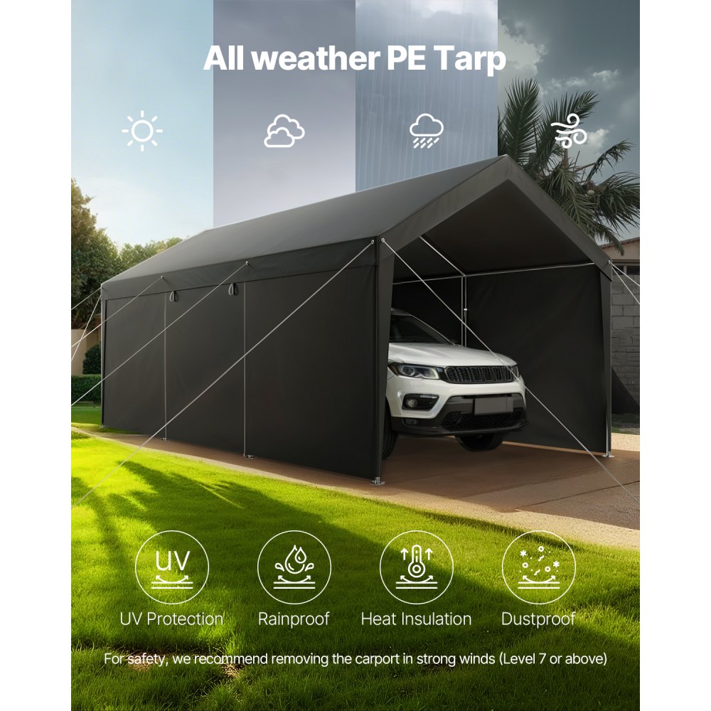 VEVOR Posto Auto Coperto Esterno, Riparo per Auto 3,05 x 6,09 x 2,87 m, Tettoia Potabile con Pareti Laterali e Porta Rimovibili, Resistente ai Raggi UV e all'Acqua, per Auto e Barca, Grigio