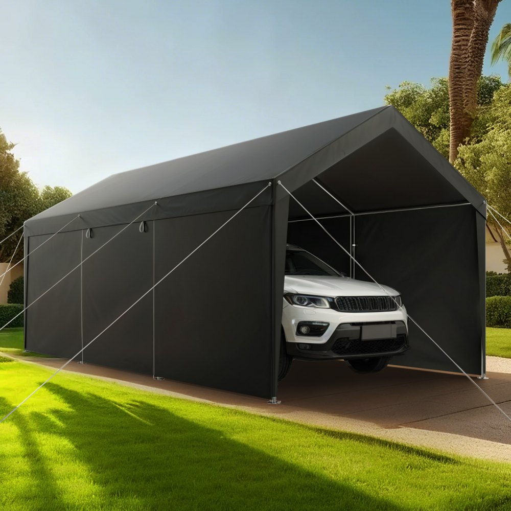 VEVOR Posto Auto Coperto Esterno, Riparo per Auto 3,05 x 6,09 x 2,87 m, Tettoia Potabile con Pareti Laterali e Porta Rimovibili, Resistente ai Raggi UV e all'Acqua, per Auto e Barca, Grigio