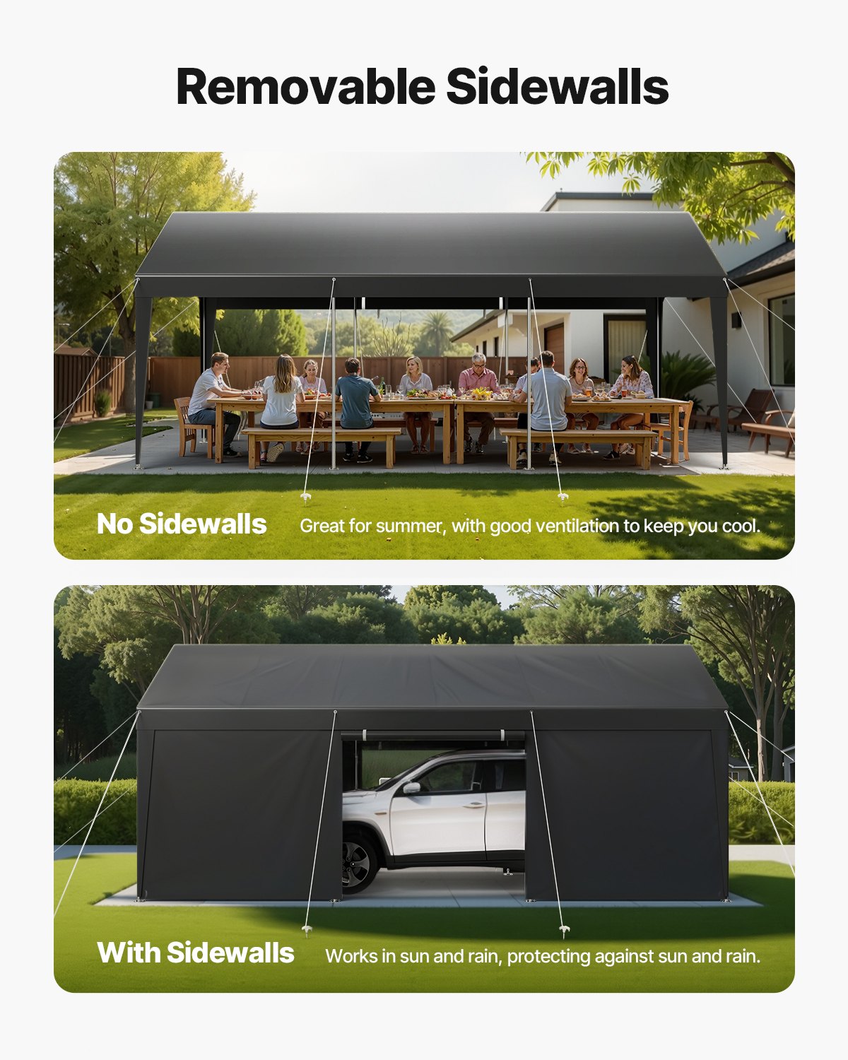 VEVOR Posto Auto Coperto Esterno, Riparo per Auto 3,05 x 6,09 x 2,87 m, Tettoia Potabile con Pareti Laterali e Porta Rimovibili, Resistente ai Raggi UV e all'Acqua, per Auto e Barca, Grigio