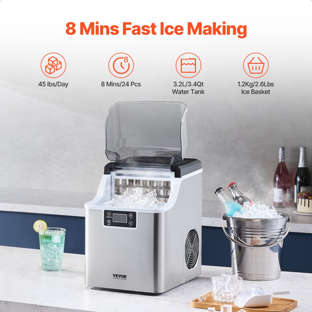 VEVOR Ice Cube Maker, Ice Machine, 24 Cubes in 15 Minutes, 20.4 kg / 24 h, Portable Ice Cube Maker with Scoop & Basket, Ice Machine with 3 Sizes for Kitchen, Bar, Party