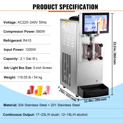 VEVOR Macchina per Granita Sorbetto Bevande Ghiacciate 8L, Distributore da 1200W per Granita Sorbetto Succhi Freschi in Acciaio Inox 304, Macchina per Granita Crema Caffè Sorbetto Serbatoio Singolo