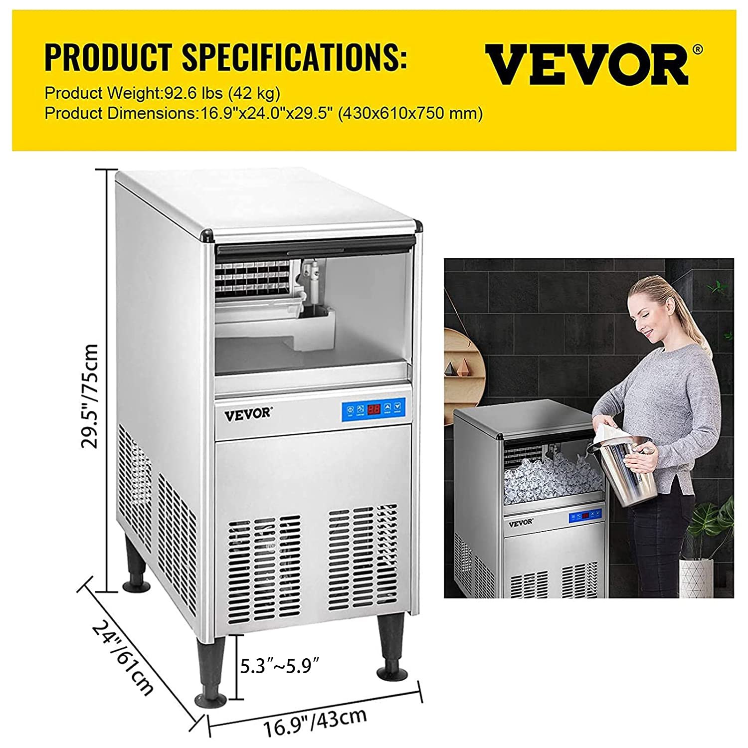 VEVOR Macchina per Ghiaccio Commerciale Vaschetta da 50 PC, Fabbricatore Ghiaccio con Pannello di Controllo, Macchina per Cubetti di Ghiaccio Raffreddato ad Aria 95 LBS/24 Ore per Ristorante, Bar