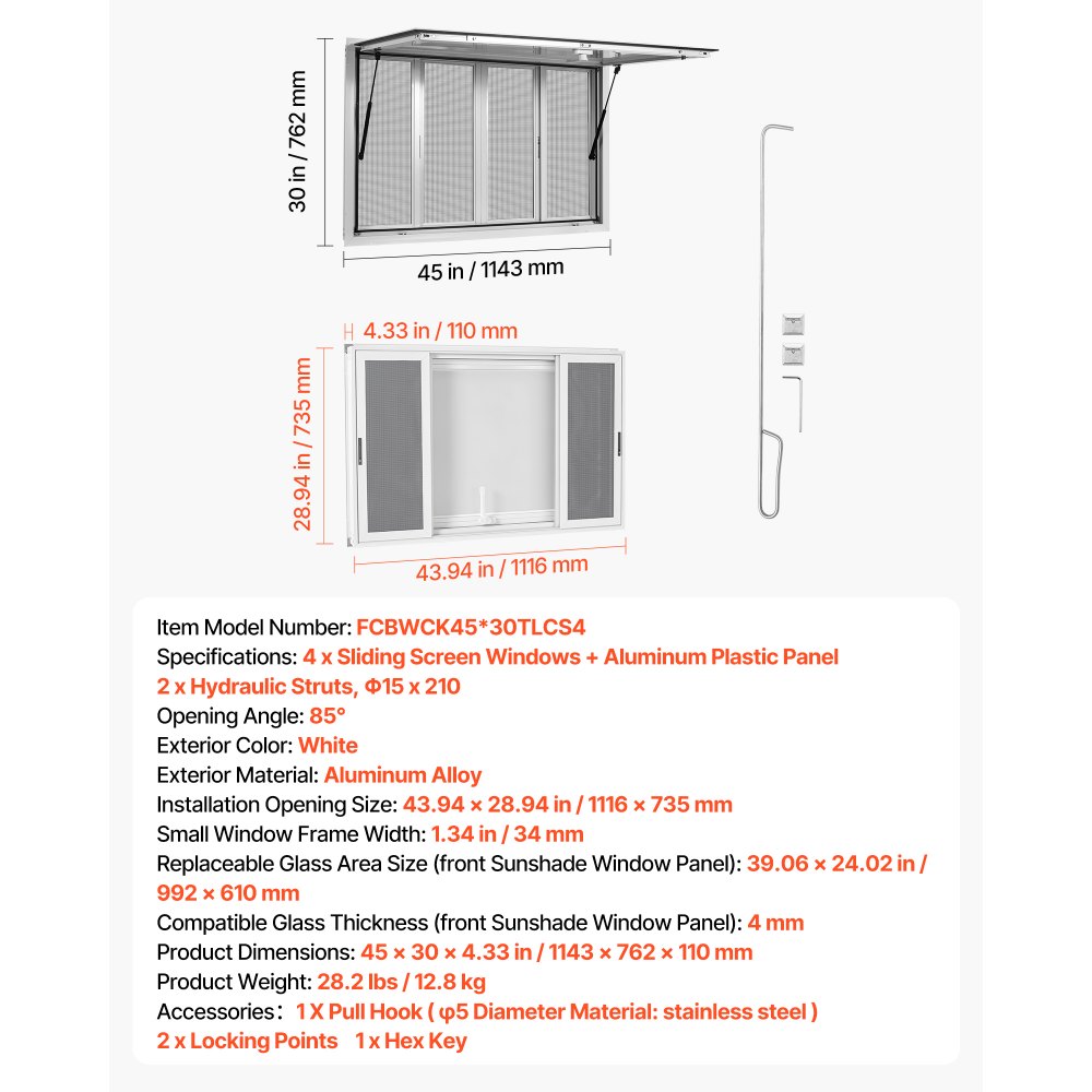 VEVOR Finestra Laterale per Furgone di Vendita Scorrevoli con Zanzariera, Sportello di Servizio per Food Truck 1143 x 762 mm, Lega di Alluminio, Tendalino, Gancio di Traino, Resistente alla Pioggia